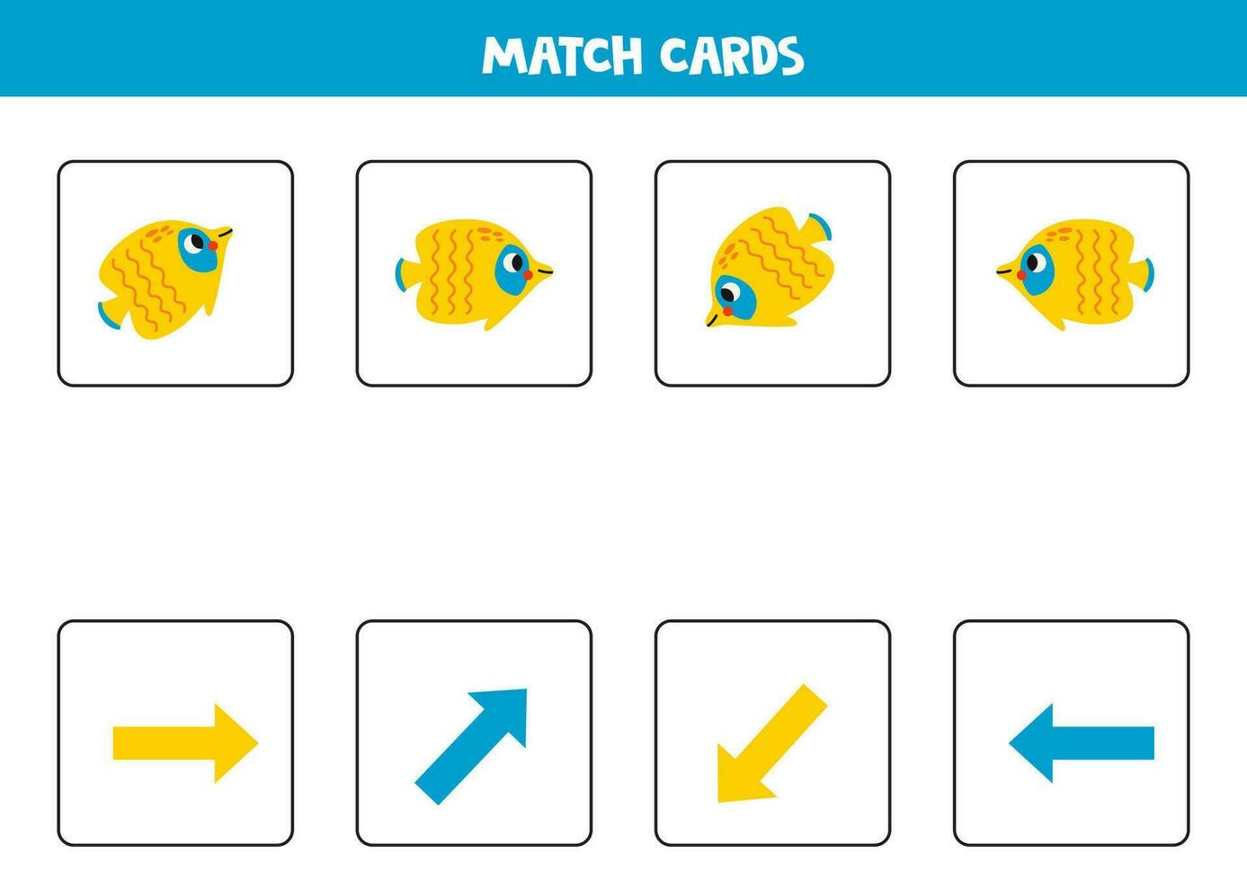 Left, right, up or down yellow butterfly fish. Spatial orientation with cute vector