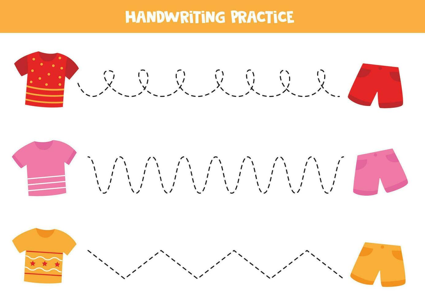 Tracing lines for kids. Cute colorful t shirts and shorts. Handwriting practice. vector