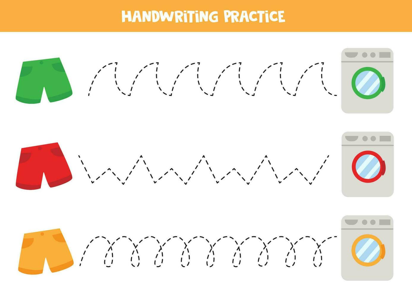 Tracing lines for kids.  Cute colorful shorts and washing machines. Handwriting practice. vector