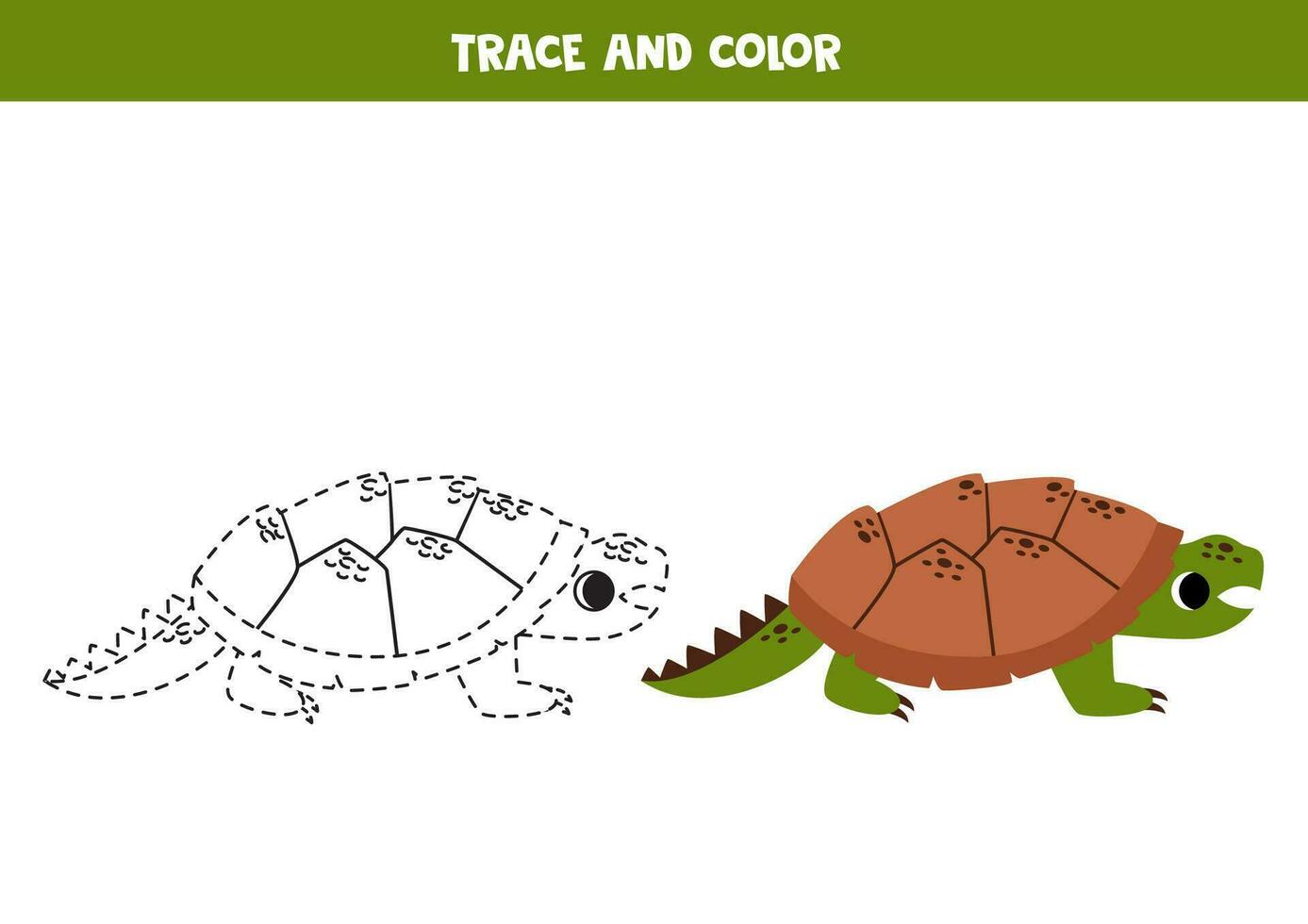 Trace and color cute caiman turtle. Worksheet for children. vector