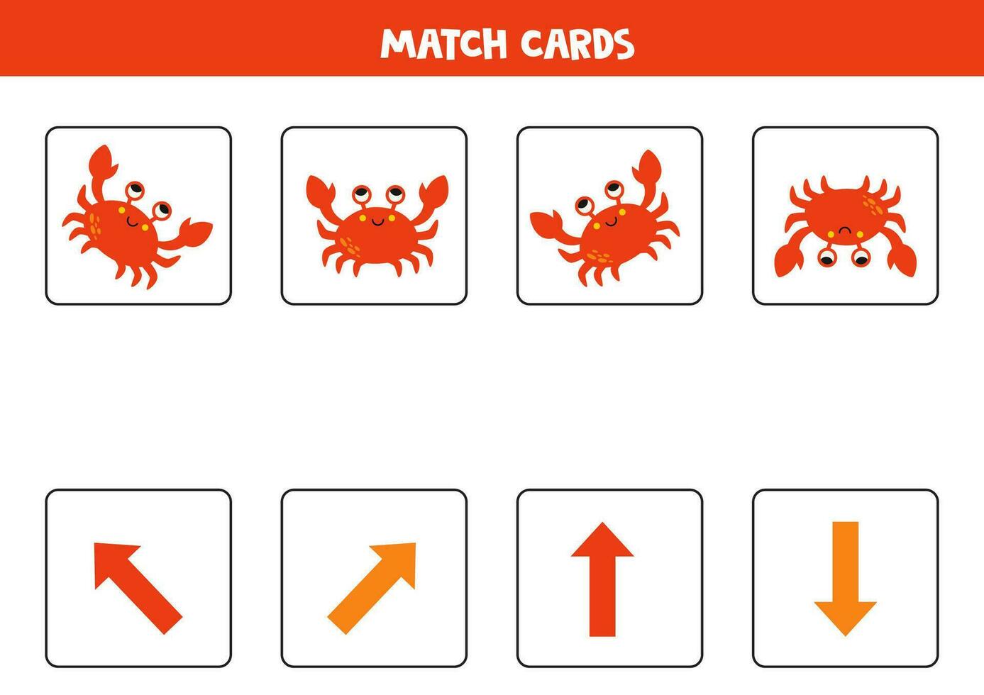 Left, right, up or down. Spatial orientation with cute red crab. vector
