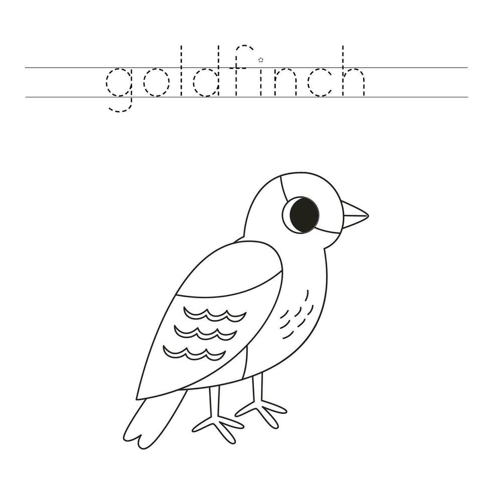 Trace the letters and color cartoon goldfinch bird. Handwriting practice for kids. vector