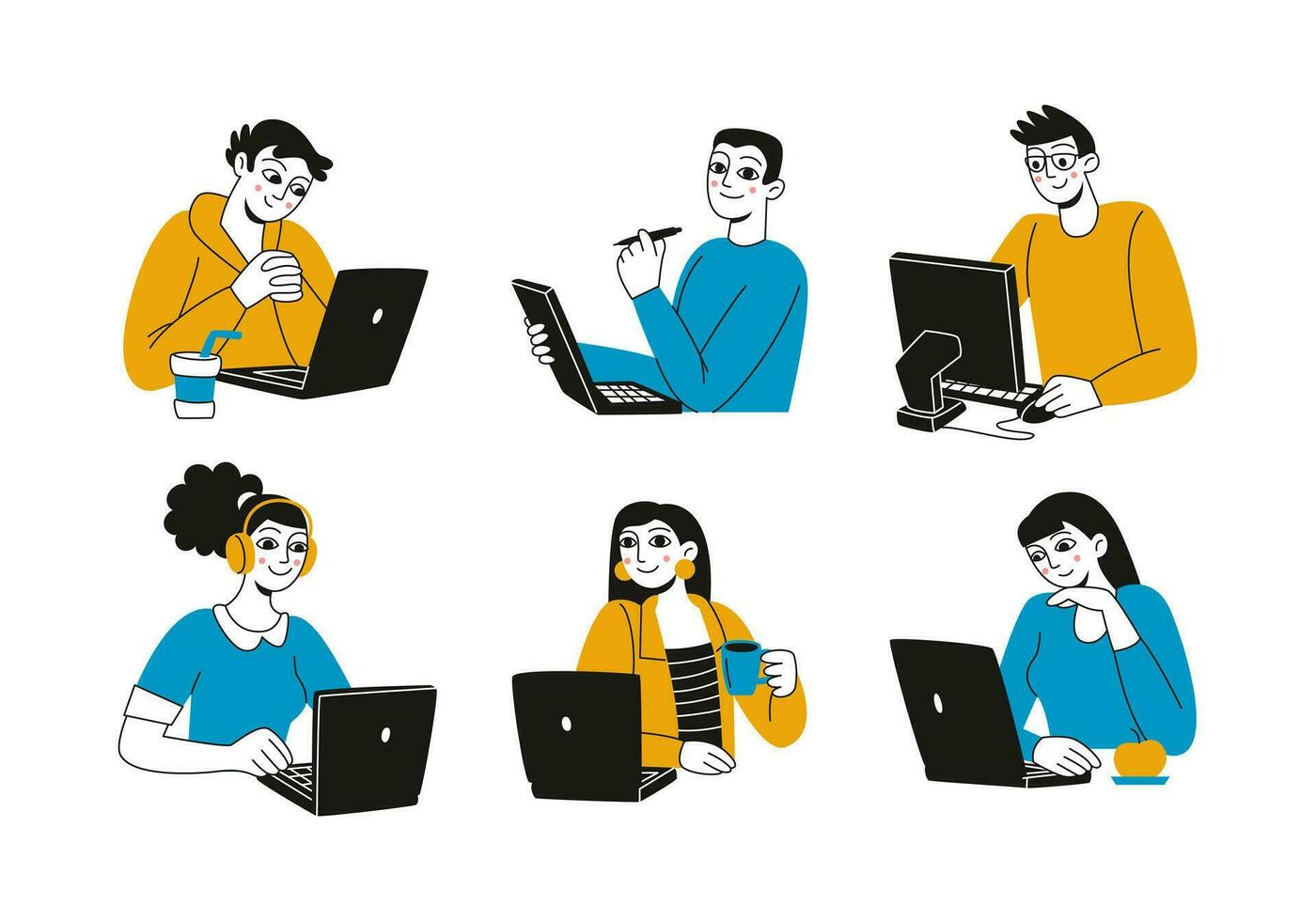 Set of people with laptops. Men and women are studying, holding online meetings. Online education. Vector linear illustration