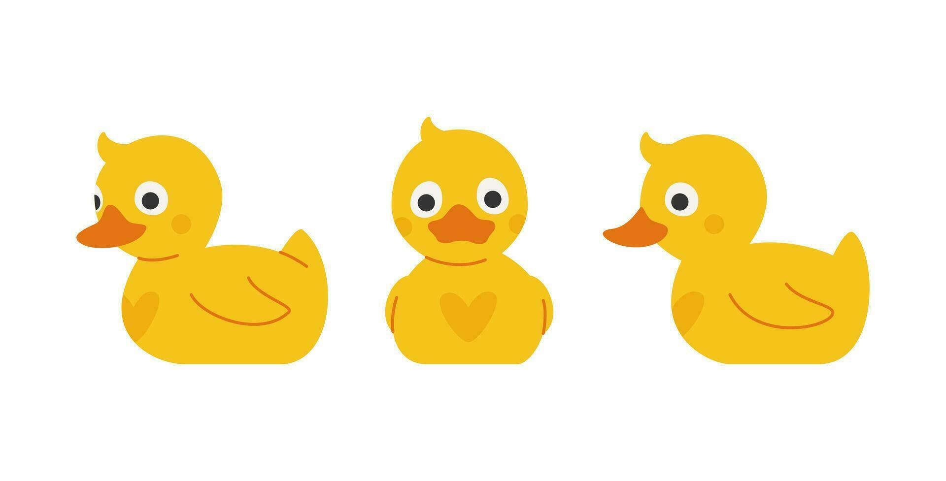 Rubber duck toy. View from different sides. Vector illustration isolated on white