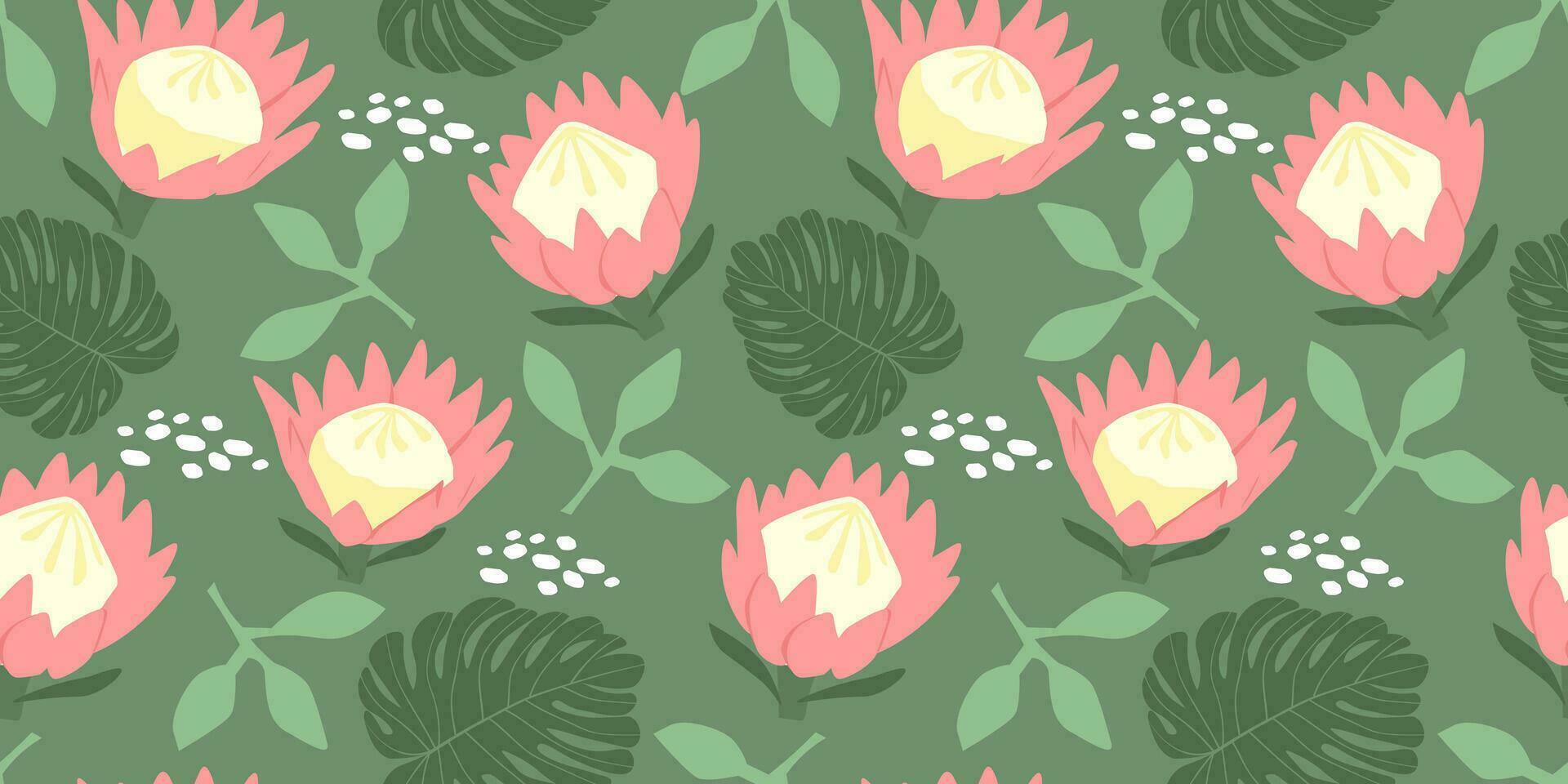 Seamless pattern with tropical exotic flowers and leaves. Abstract leaves of monstera, protea, simple plant shapes. Vector graphics.