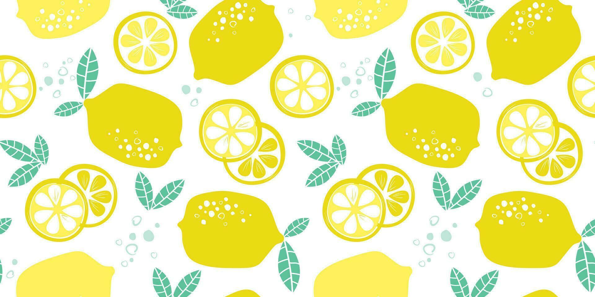 Seamless pattern with lemons, whole, slices. Fruit citrus print for textiles, kitchen, packaging. Vector graphics.