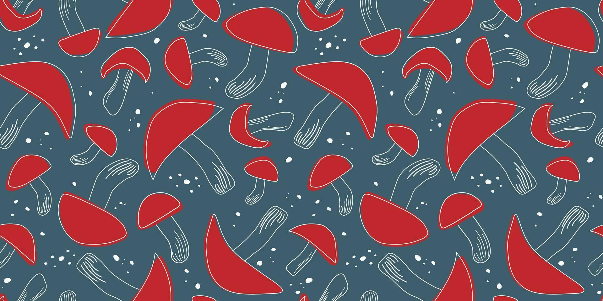 Seamless pattern with red-capped fly agaric mushrooms. Abstract natural linear print. Vector graphics.