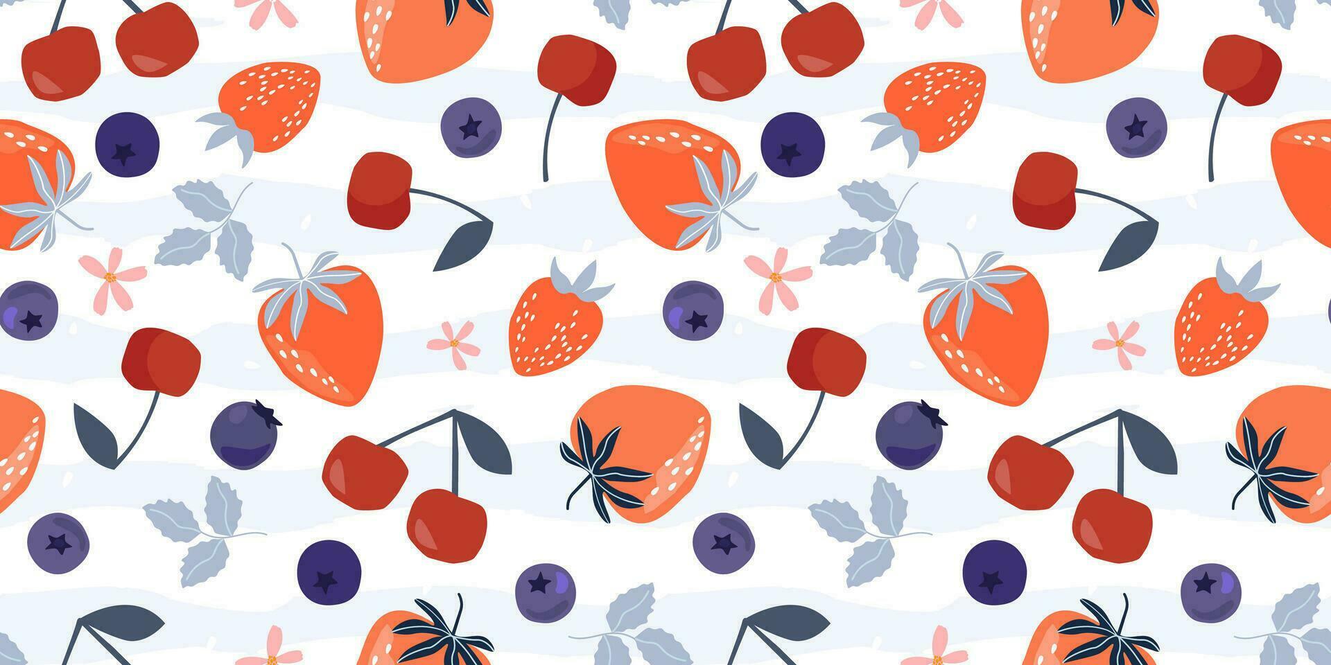 Seamless pattern with different fruits and berries. Abstract print with strawberries, blueberries, cherries. Vector graphics.
