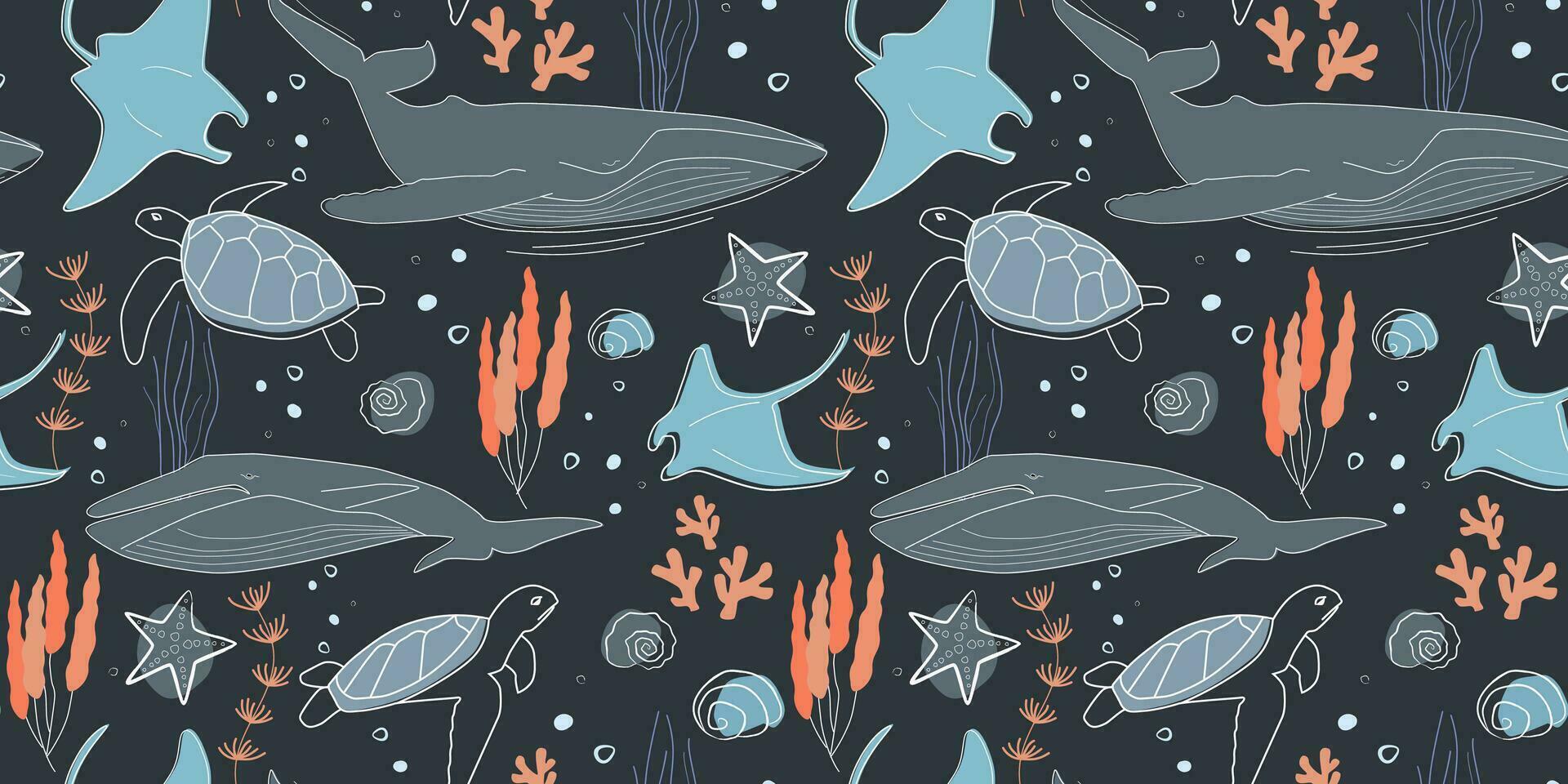 sin costura modelo con mar criaturas, ballenas, pez, rayas, tortugas vida en el lo más hondo de el océano. natural resumen impresión. vector gráficos.