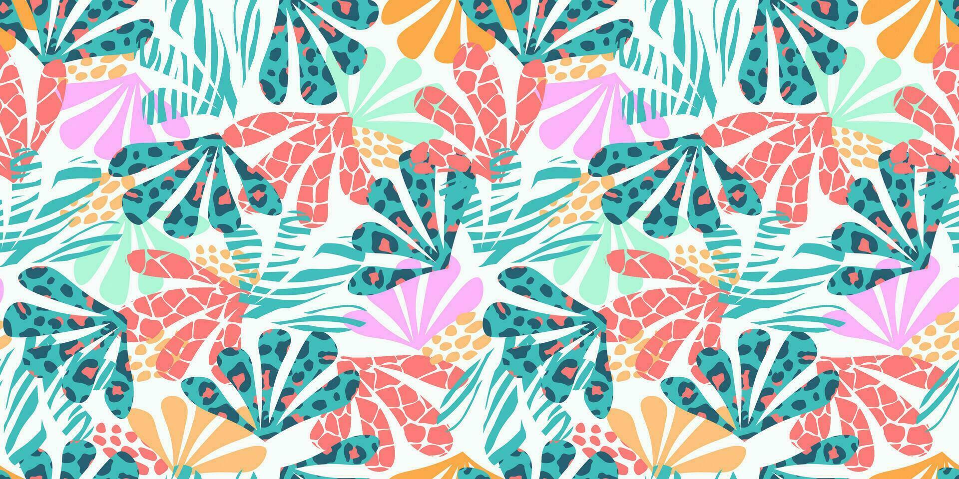 Seamless pattern with abstract exotic, tropical leaves, animal print. Vector graphics.
