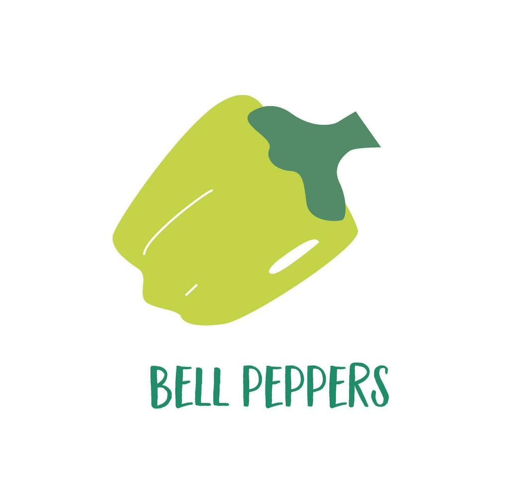 A green bell paper in a flat style on a white background. Bulgarien paper. Cartoon vegetables for healthy diet. vector