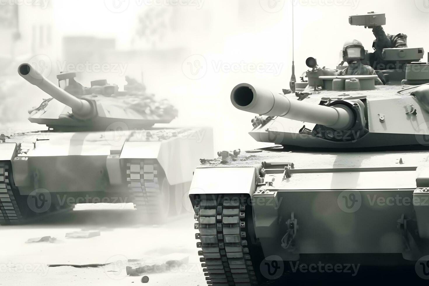 AI generated Group of main battle tanks with a city on fire on the background. One tank firing a shell from the barrel. Military or army special operation. Neural network AI generated photo