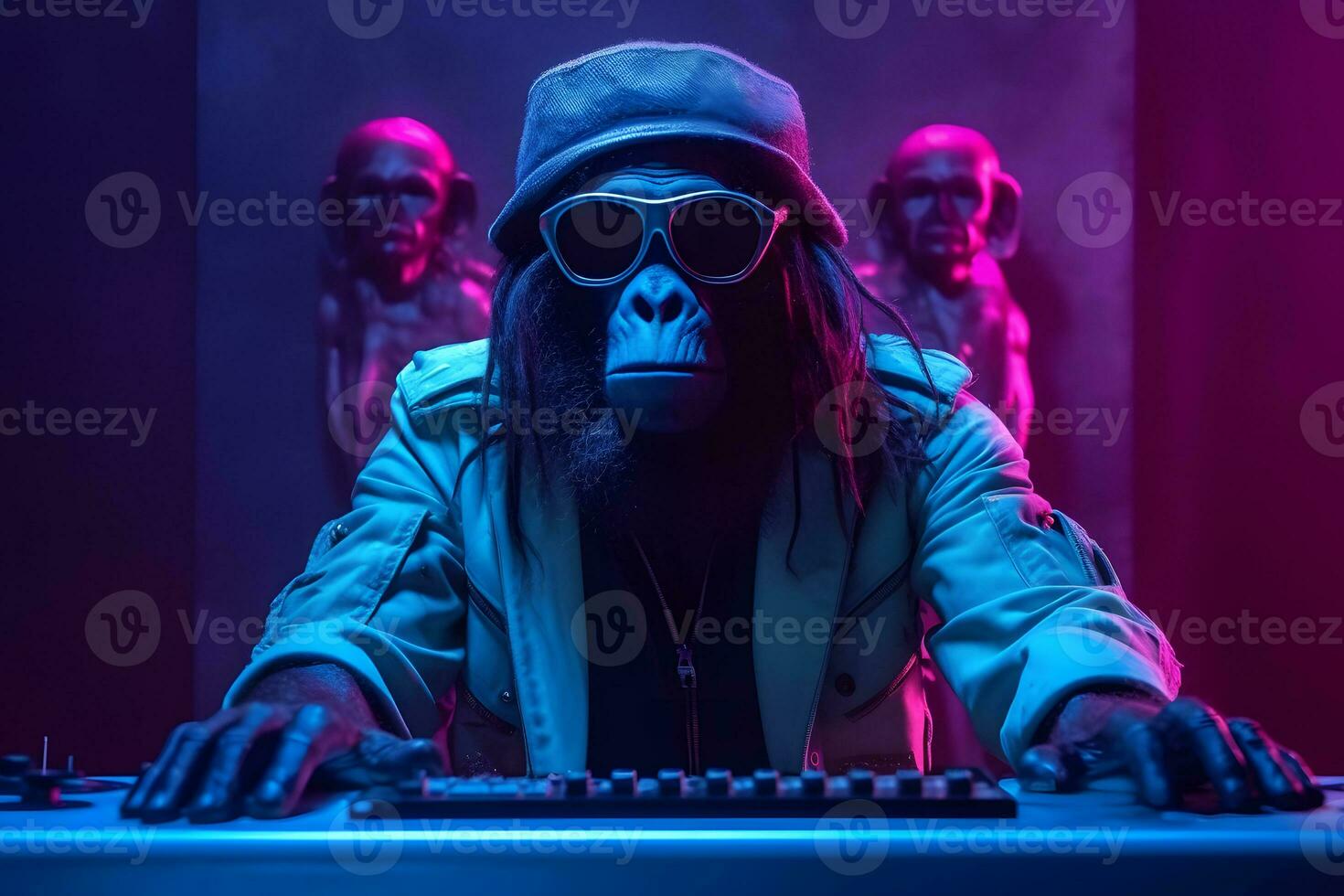 AI generated Cool stylish monkey dj. Synthwave neon. Neural network AI generated photo