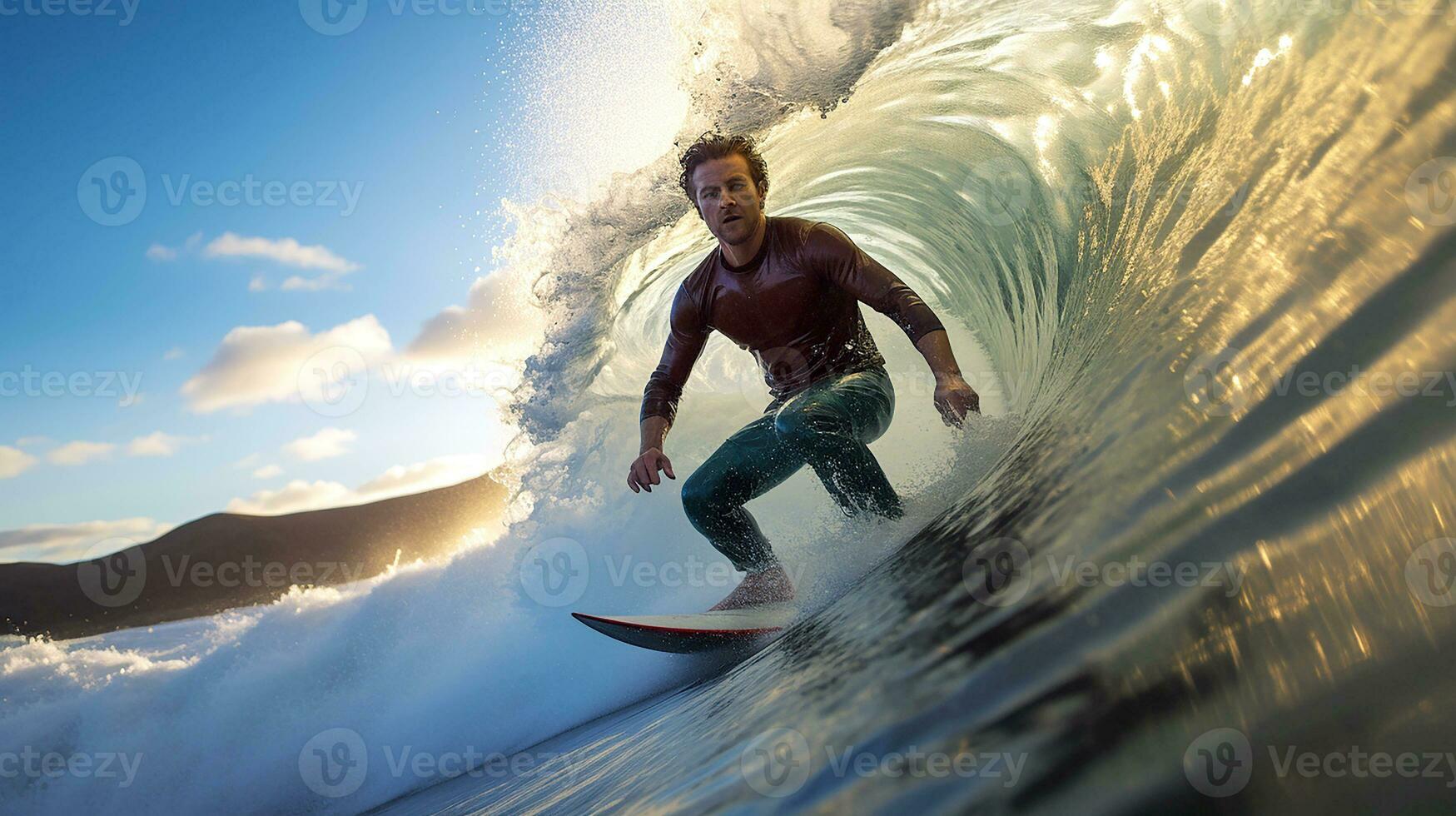 AI generated Portrait of a man surfing on the beach. Professional surfer having fun with surfboard. Surfing action catching waves in ocean. Generative AI photo