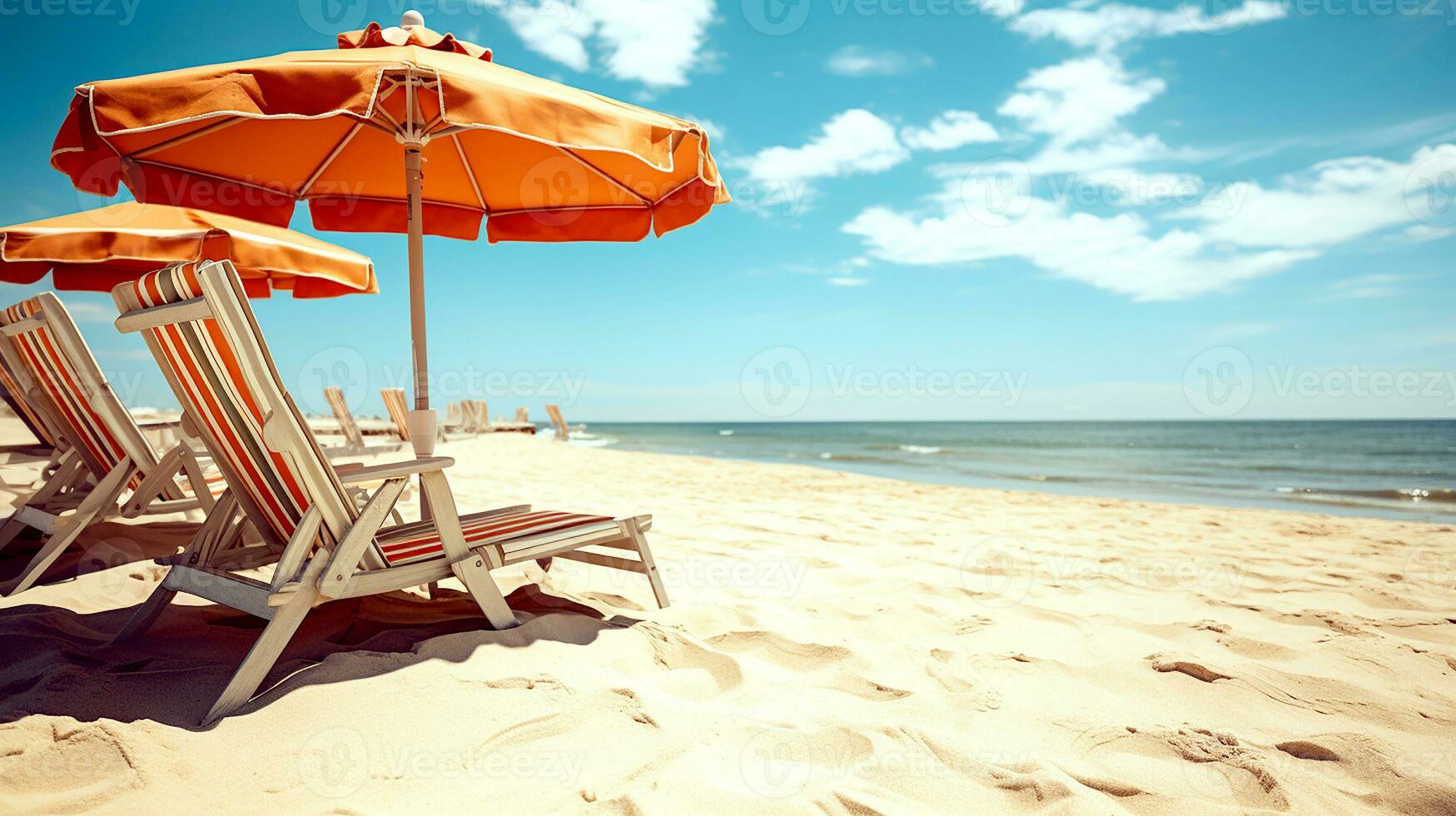 AI generated Portrait of beach chairs. Side view of lounge chairs with umbrella on the beach sand. Beach view at around, holiday, vacations concept. Generative AI photo