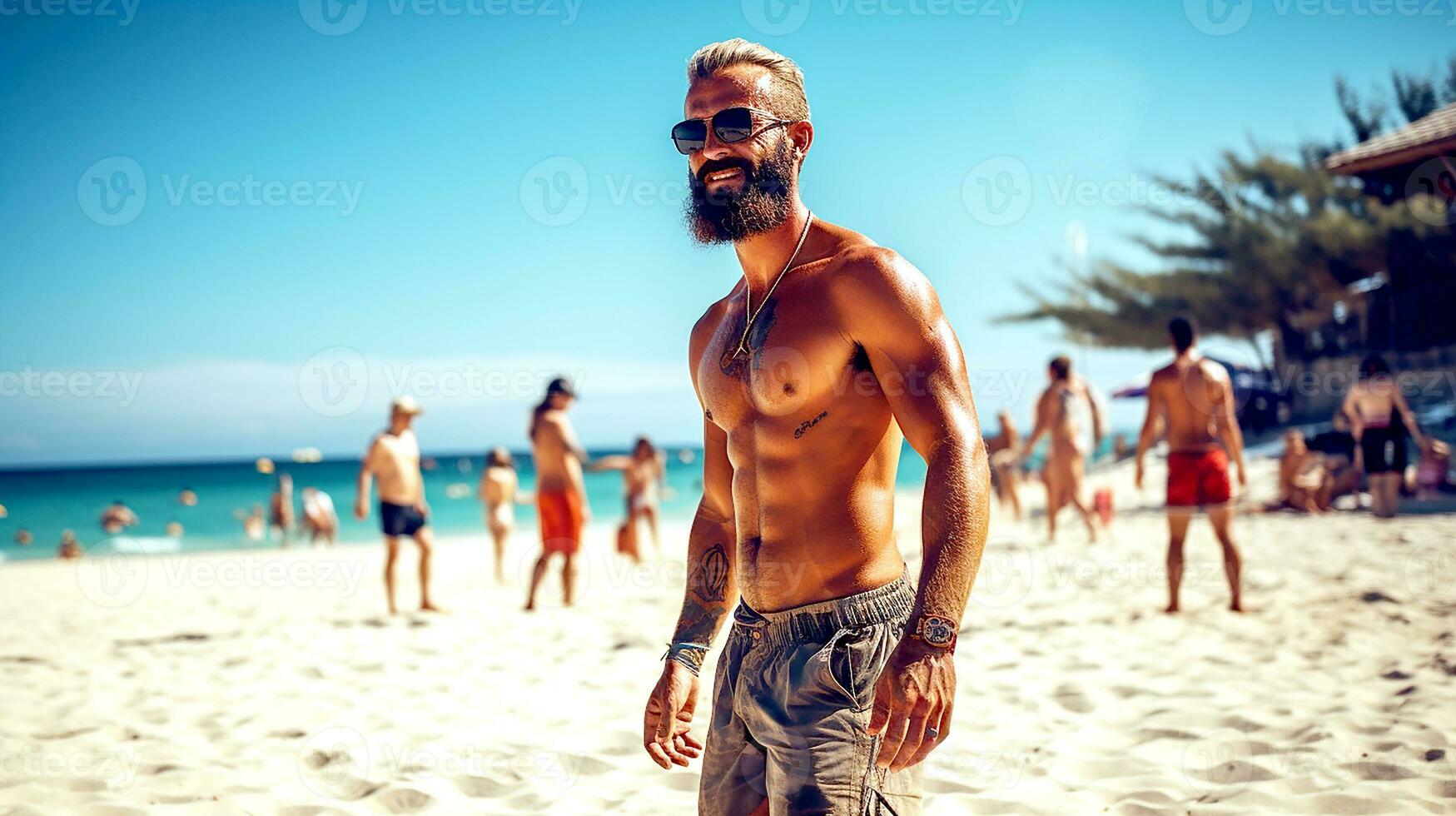 AI generated Portrait of a man smiles and happy while playing on the beach. Young adult male standing and seeing around the beach. Holiday, weekend, vacations concept. Generative AI photo