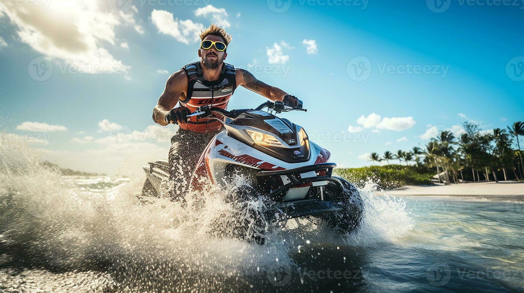 ai generado retrato de un hombre paseos un chorro esquí en el playa. joven adulto masculino es contento mientras chorro esquiar. día festivo, fin de semana, vacaciones concepto. generativo ai foto