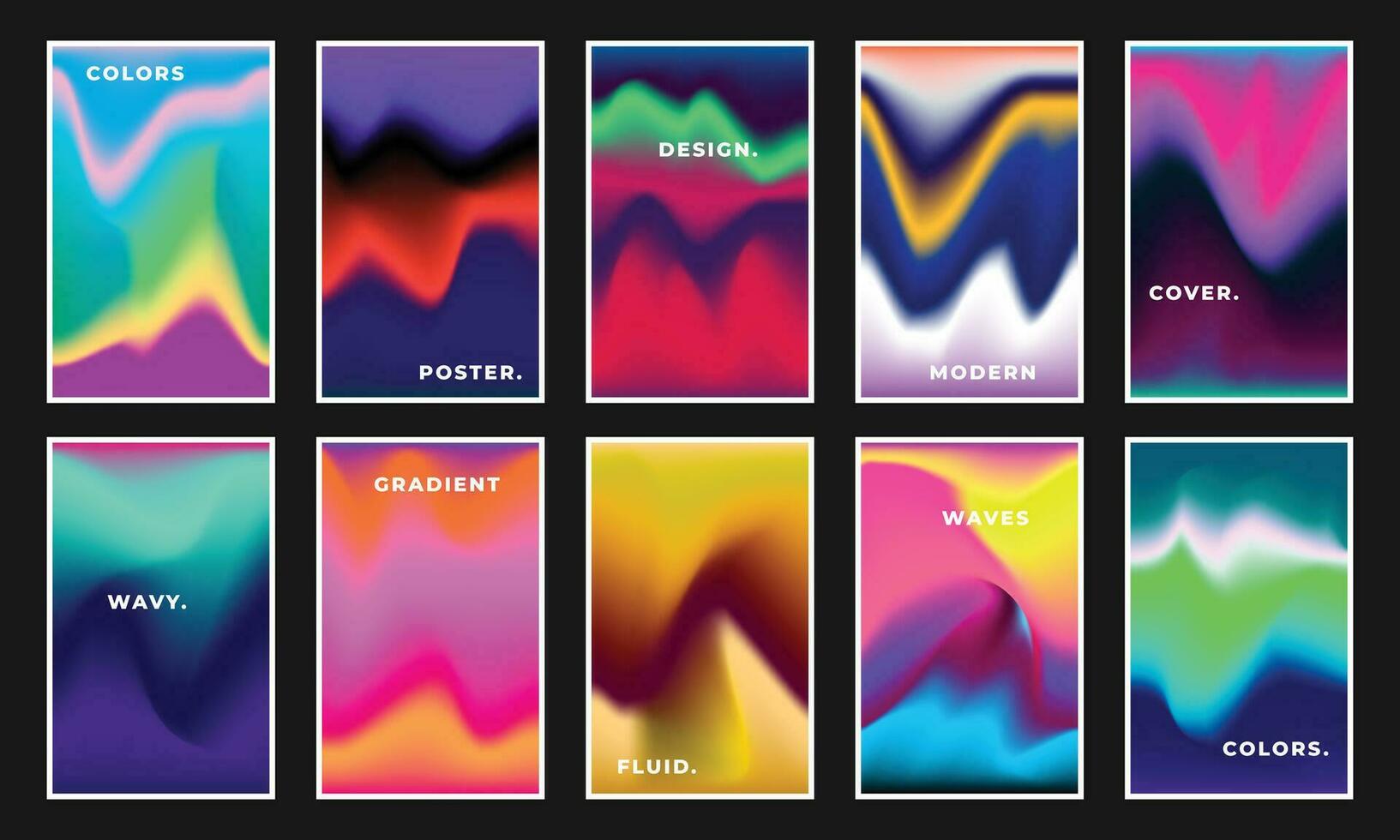 Colorful fluid and liquid gradient mesh background set. Multicolored blurred color gradation backdrop. Wavy and vibrant modern background for poster, banner, catalog, or leaflet. vector