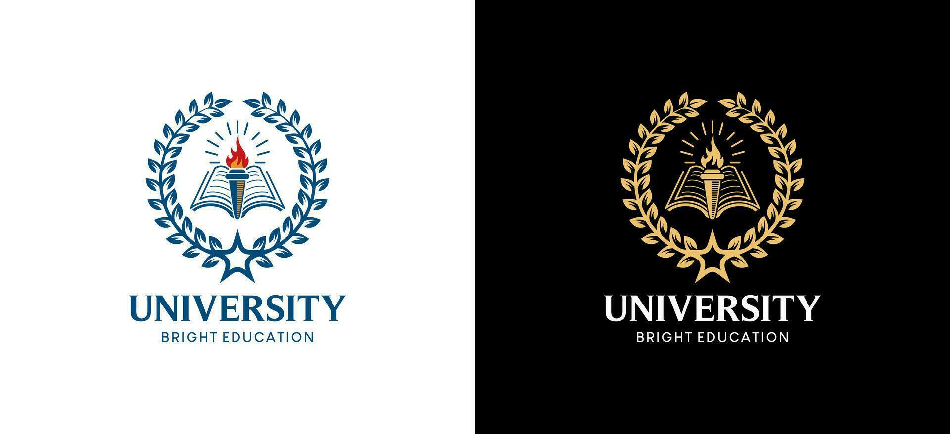 Higher education university emblem logo design using torch, book and paddy star symbols vector