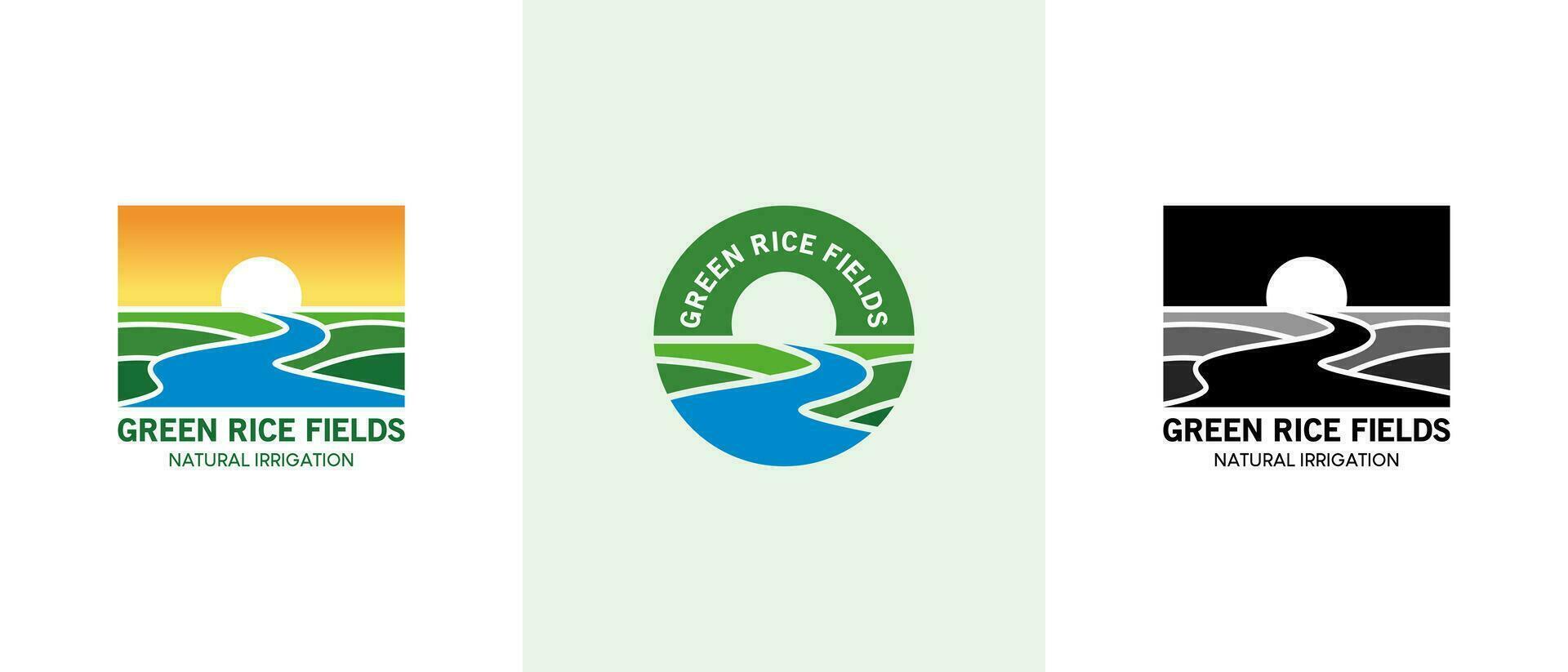 naturaleza campo de arroz irrigación logo, verde campo de arroz río vector para agricultura aguas logo diseño