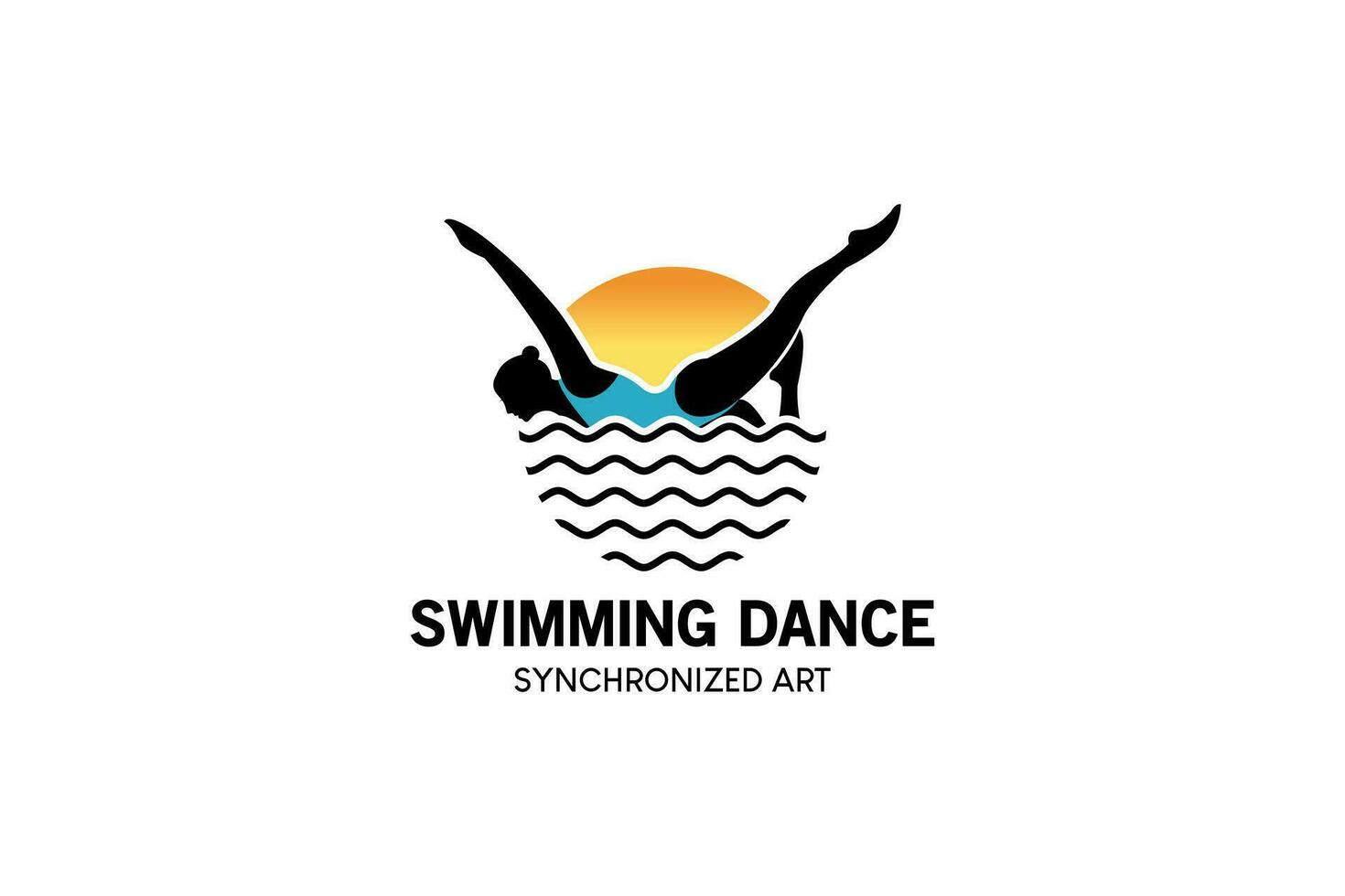 Sync dance swimming sport logo design, woman silhouette swimming dance on water waves vector