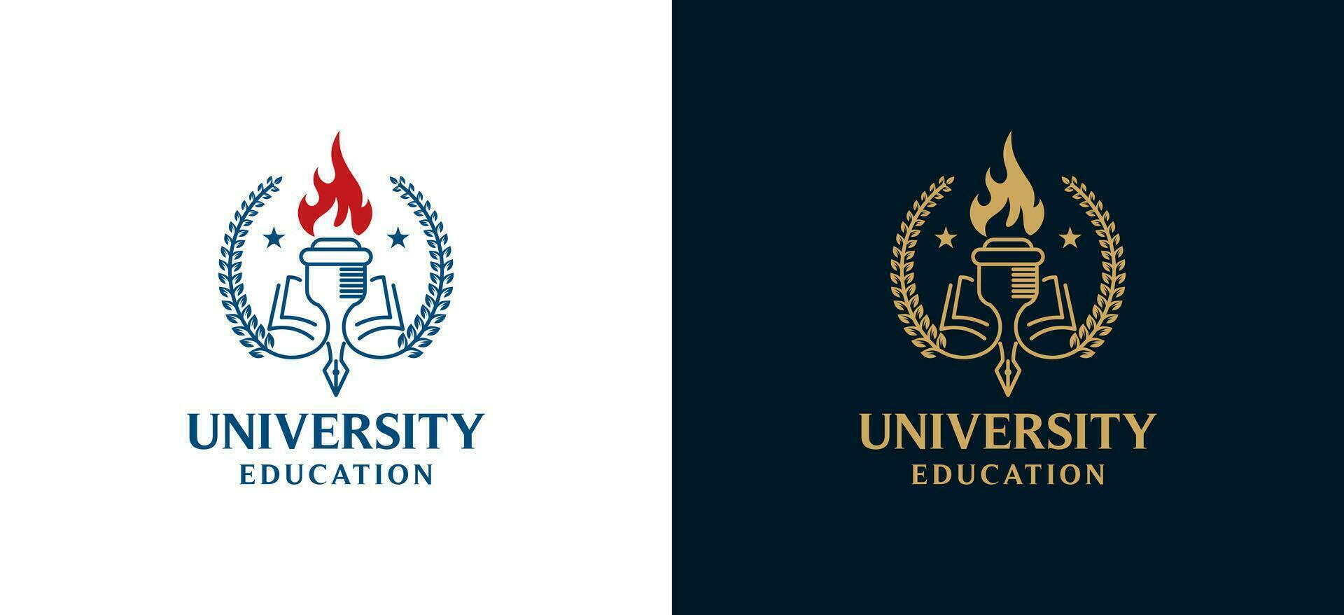 mayor educación Universidad emblema logo diseño utilizando antorcha, libro y bolígrafo símbolo vector