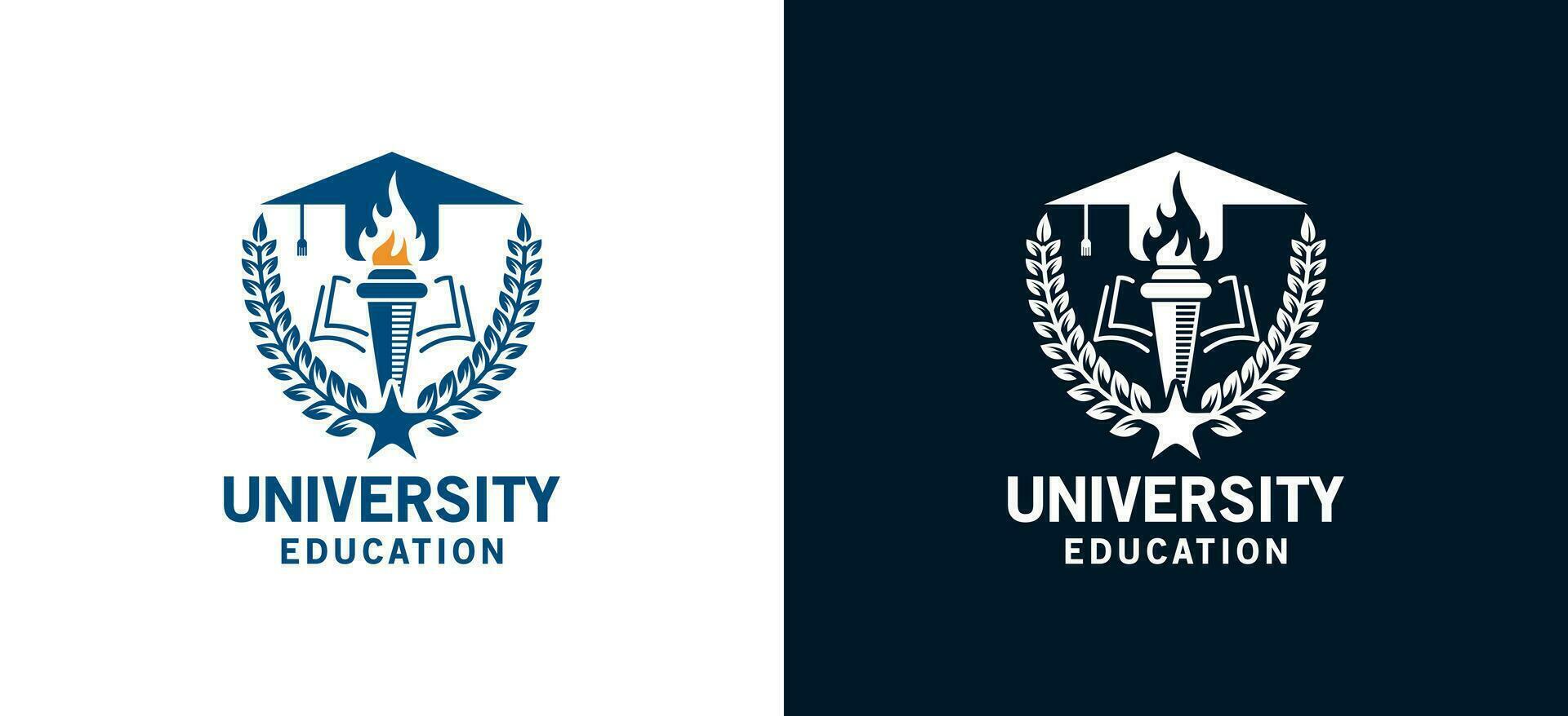 Higher education university emblem logo design using torch, book and graduation cap symbol vector
