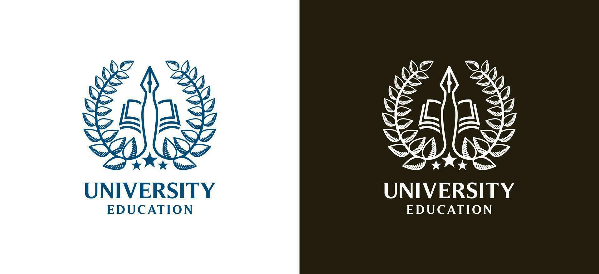 Higher education university emblem logo design using pen and book symbol line art style vector