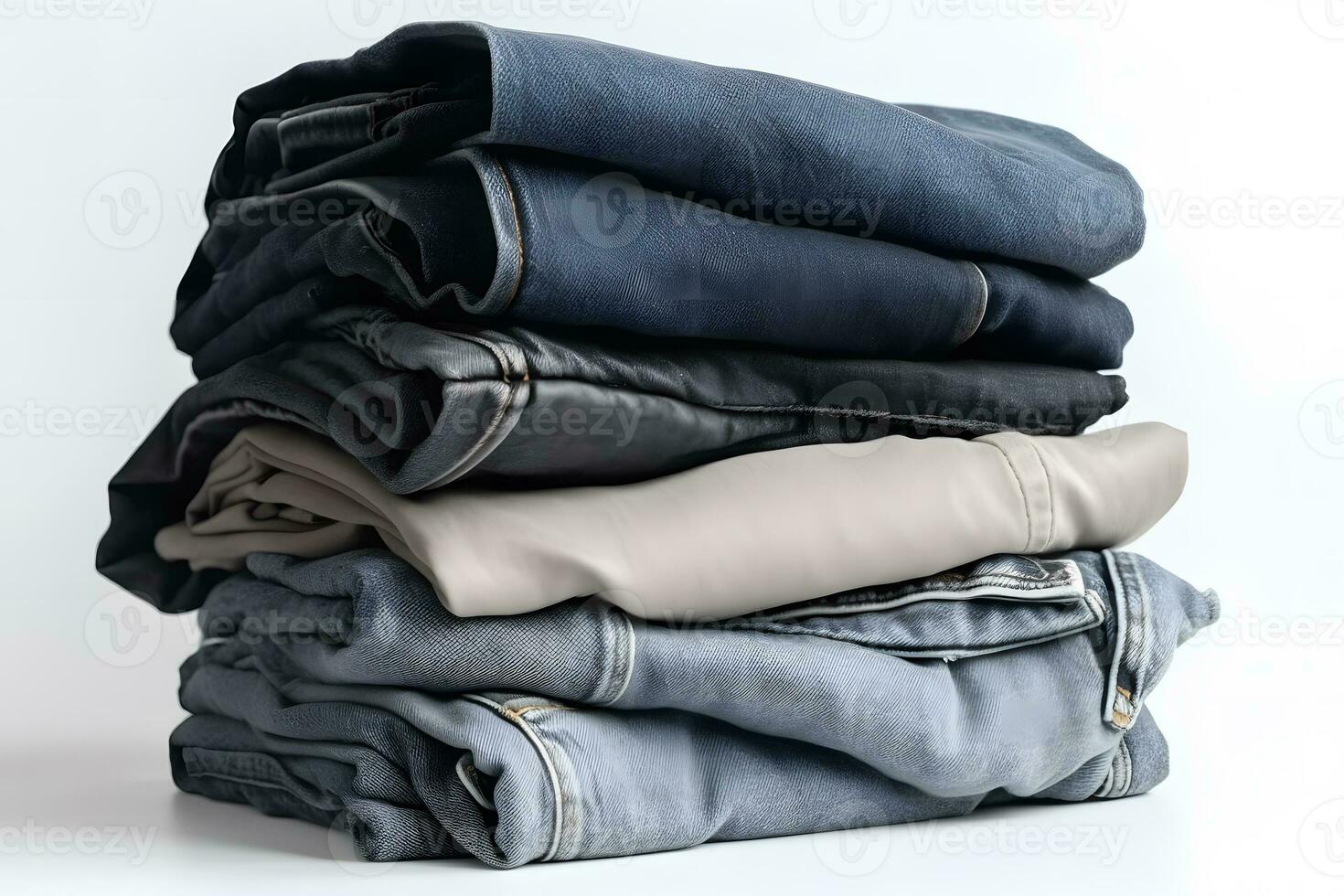 AI generated Jeans trousers stack on white background. Neural network ...
