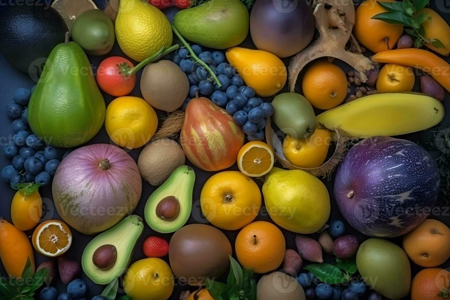 AI generated Many different fruits colorful background. Neural network AI generated photo