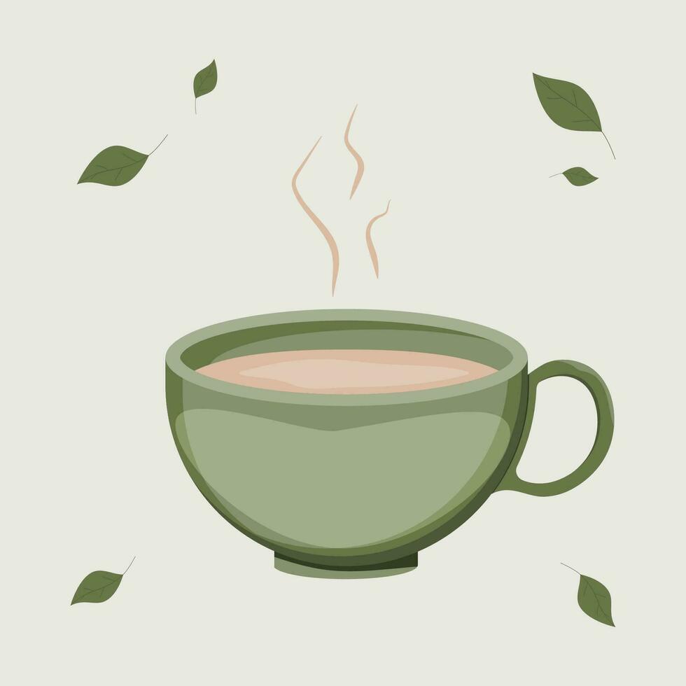 Green cup of hot tea on a green background with tea leaves. Tea ceremony. vector