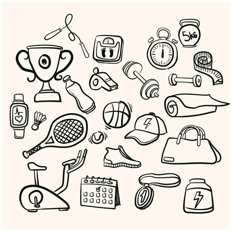A collection of fitness images in doodle line art style that are great for your business on a cream background vector