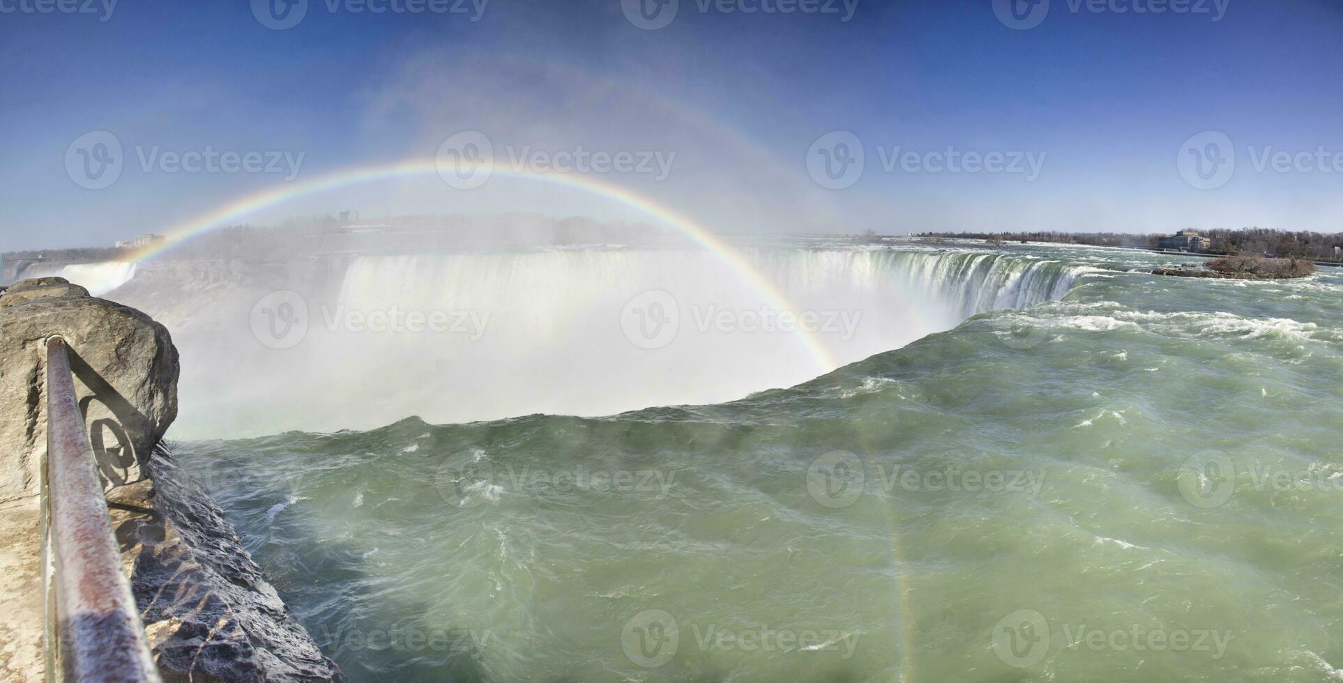 Panoramic picture over Niagara Falls with blue sky and rainbow in summer photo
