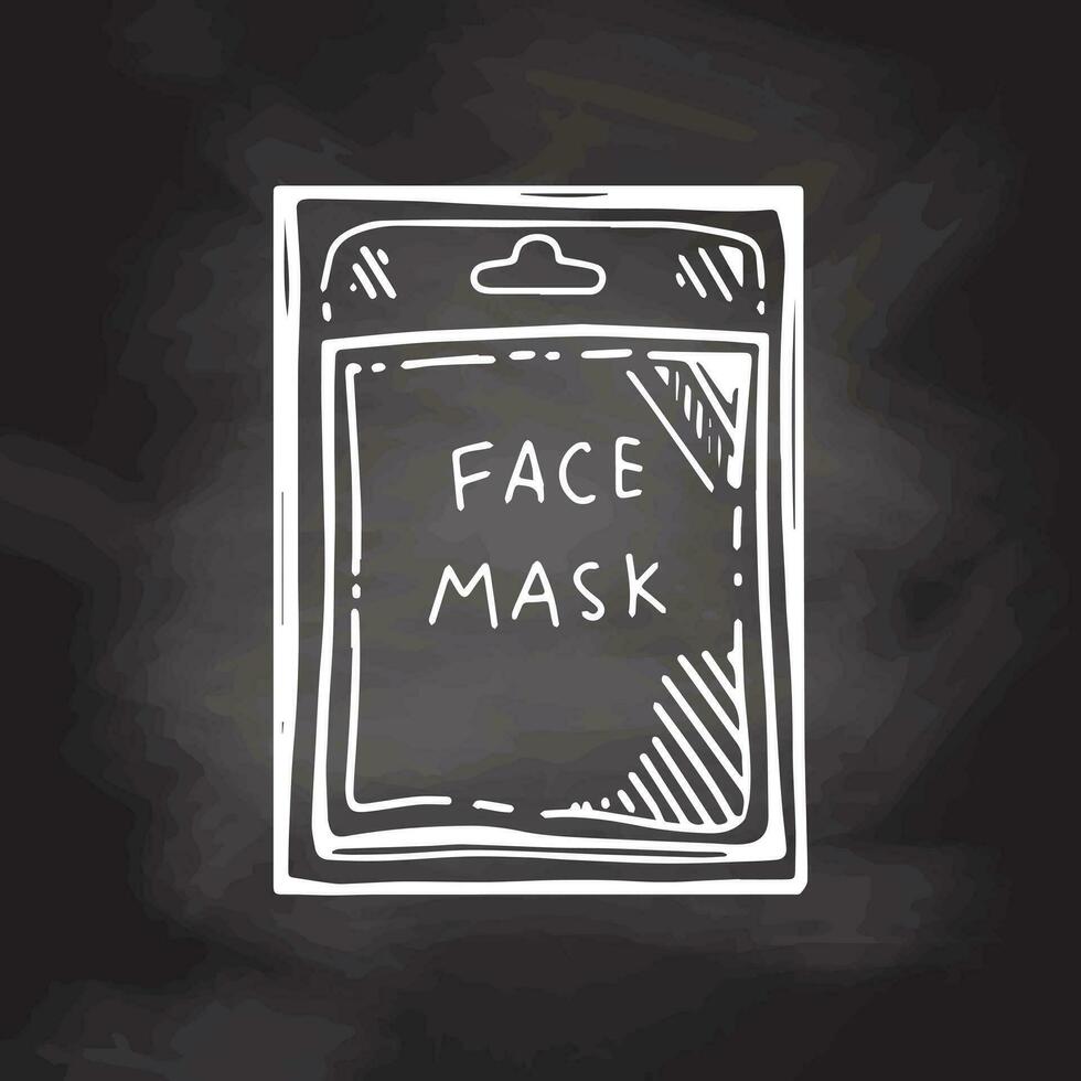 Hand-drawn face mask in a package, beauty cosmetic element, self care on chalkboard background. Illustration for beauty salon. Doodle sketch style. vector