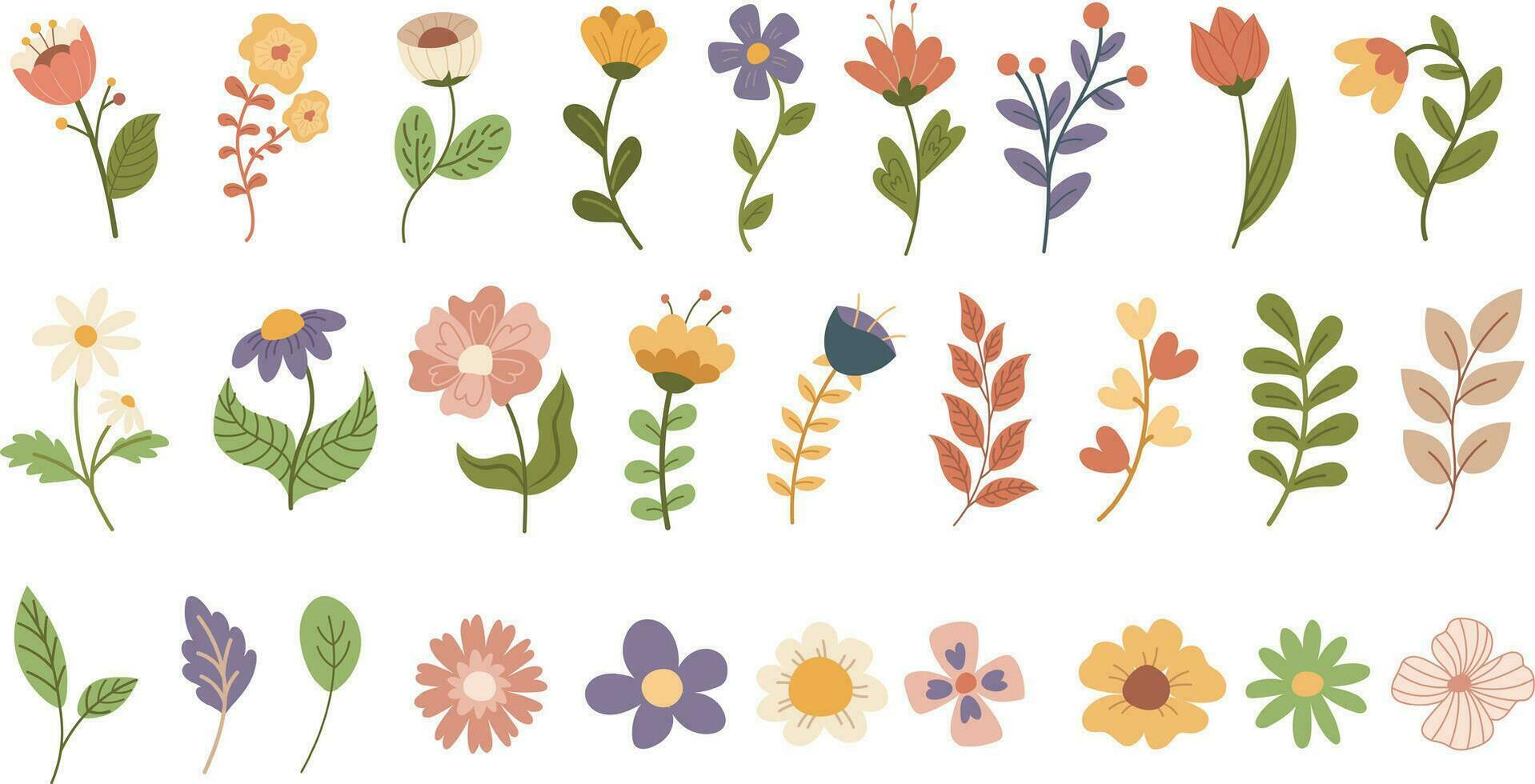 Big set of hand drawn flat flowers in pastel colors. Elements for prints and design. Vector illustration in cartoon style on transparent background
