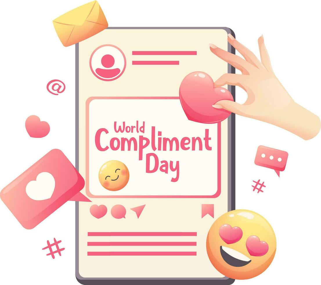 Smartphone screen with photo post, emoji, hearts, hand with heart, icons. Social network concept. Poster, card for the World Compliment Day, March 1 vector