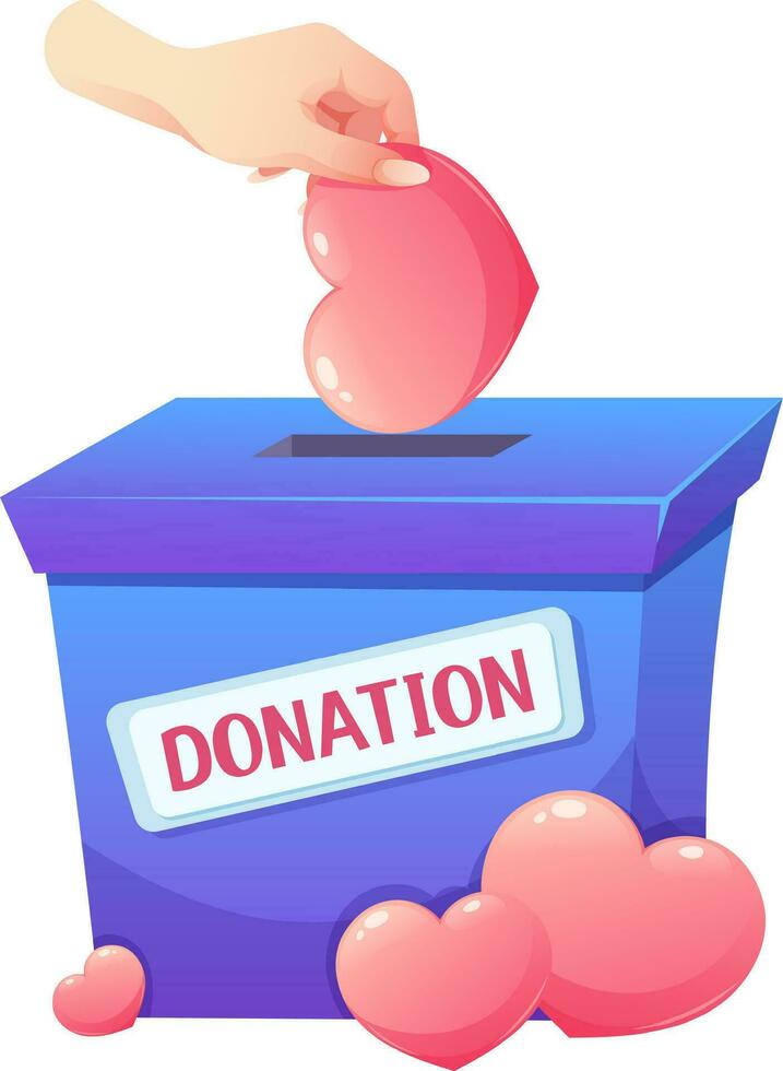 Hand puts heart in charity donation box. Vector illustration in cartoon style for Kidness Day, charity events