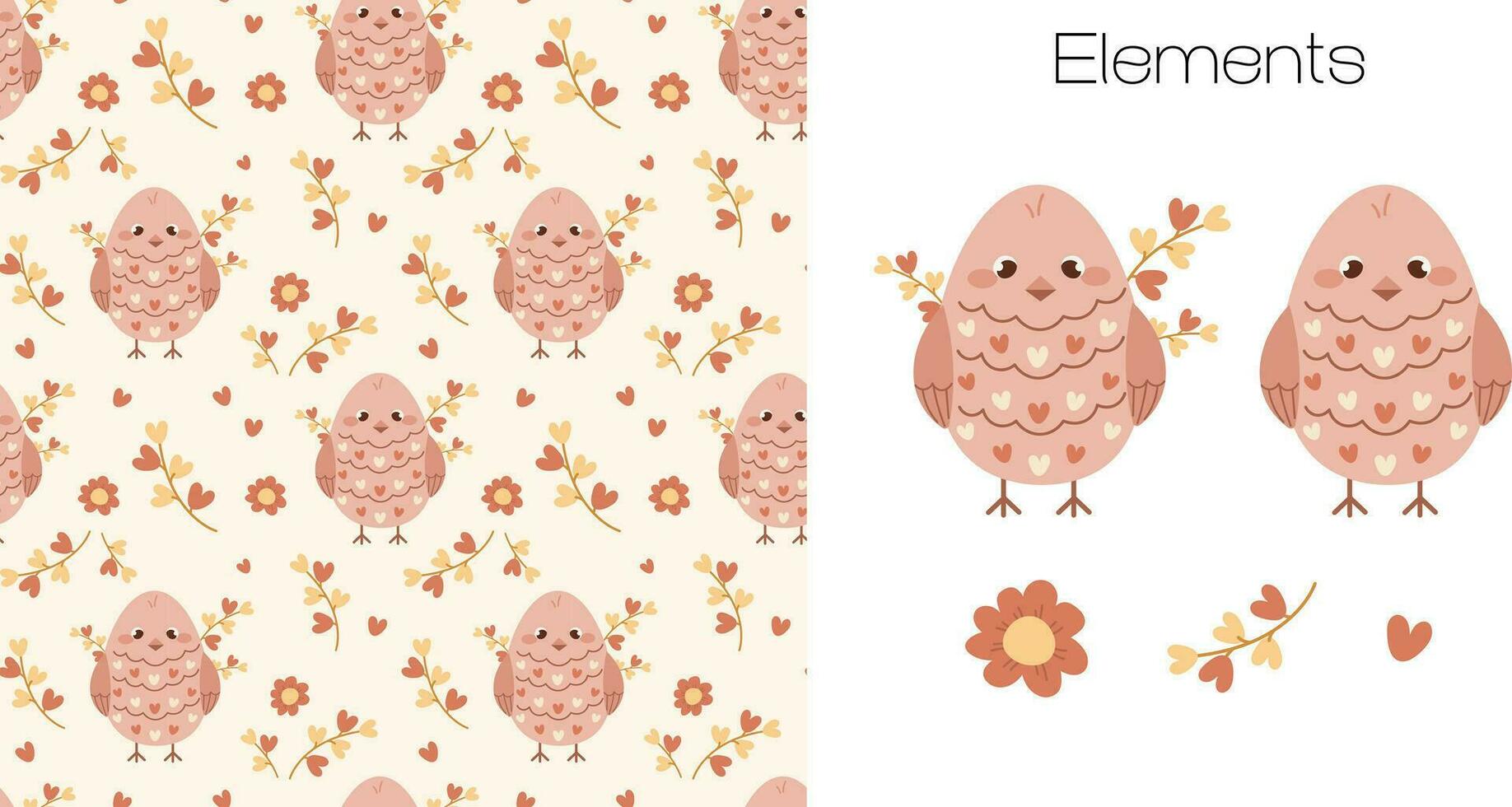 Pattern with flat birds, hearts and branches. Children's pattern in beige pastel colors.  Delicate print for girls vector