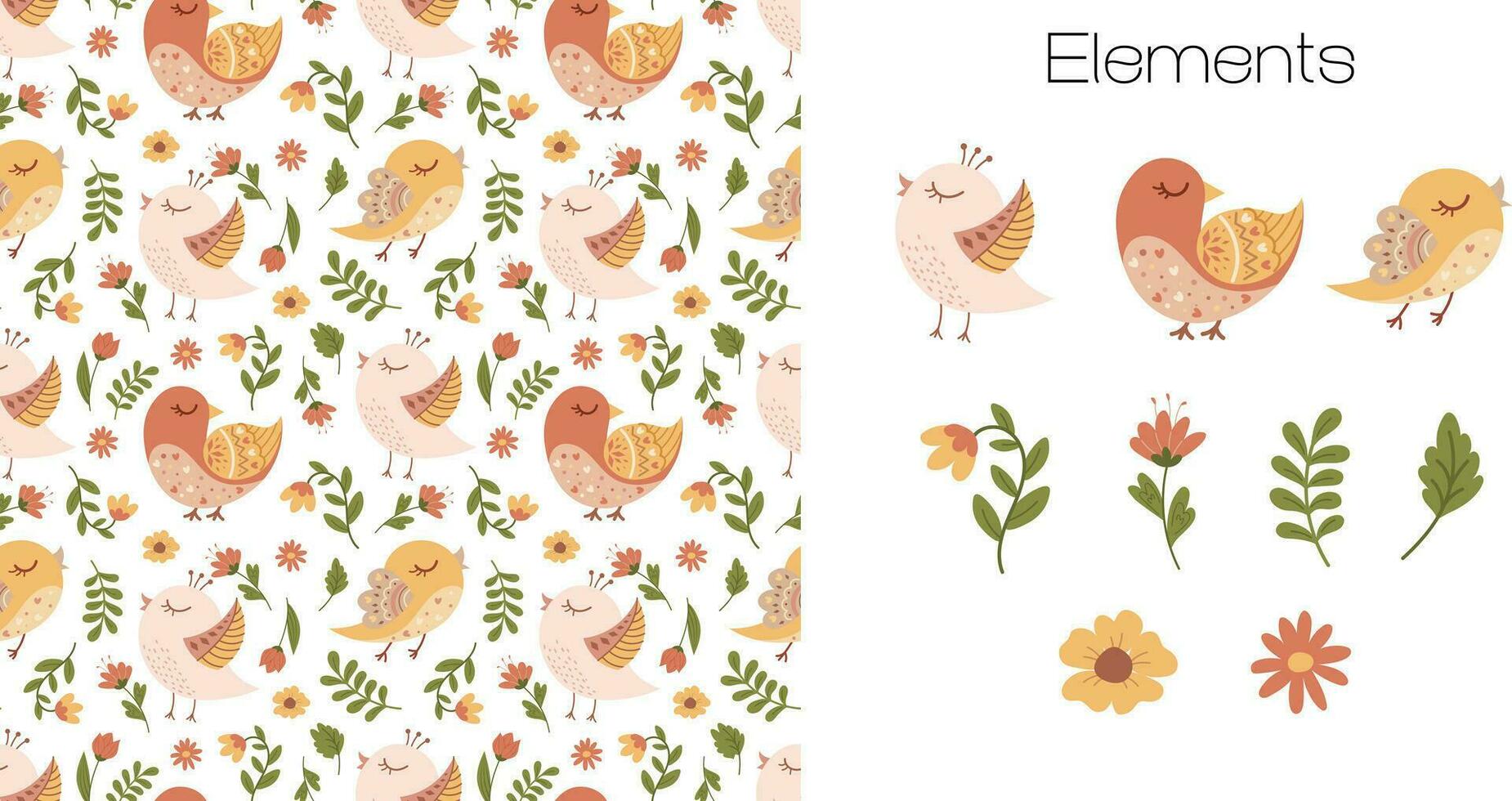 Spring pattern with hand drawn flat singing birds, branches and flowers . Children's floral print vector