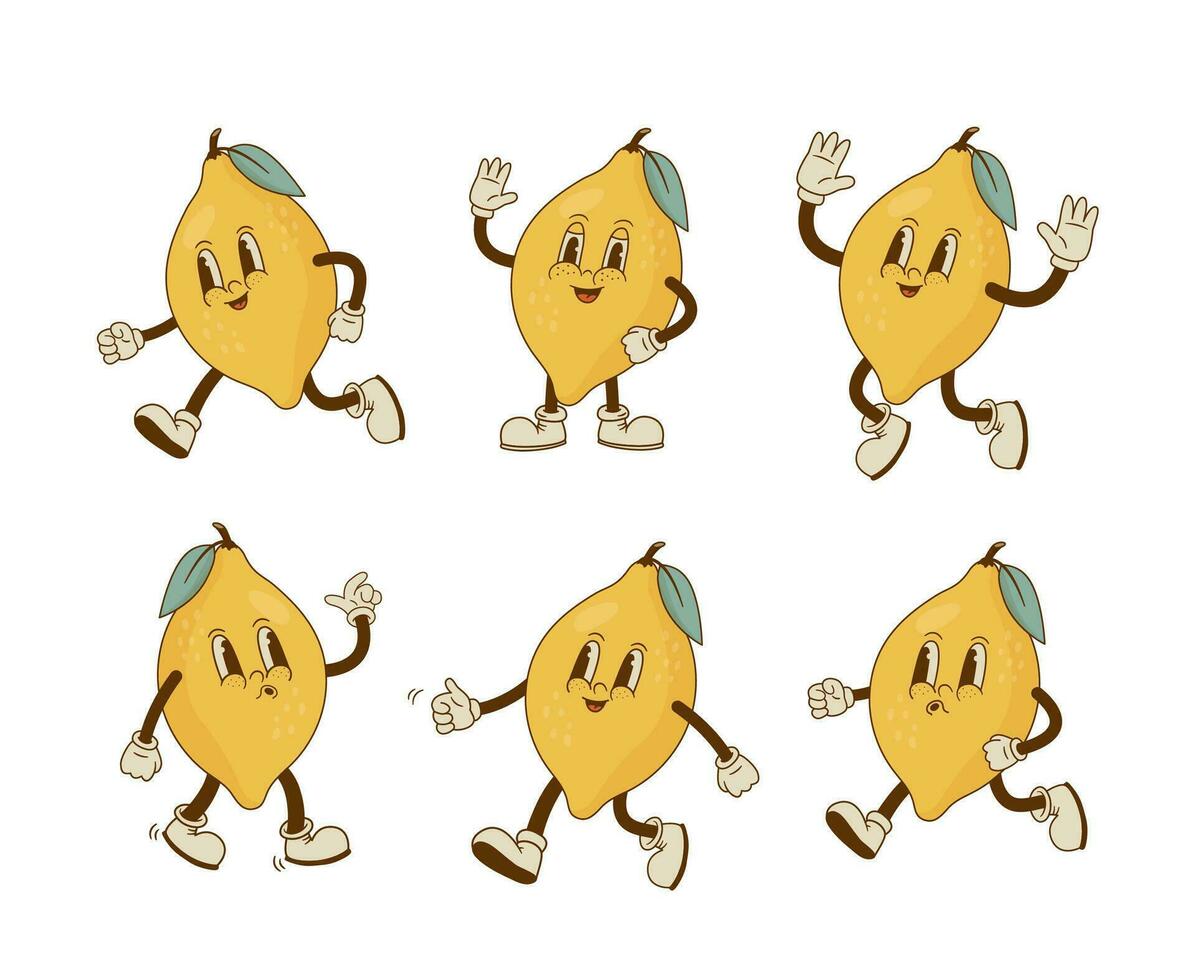 Funny retro cartoon lemon character. Smiling citrus fruit mascot vector illustration. Nostalgia 70s, 80s