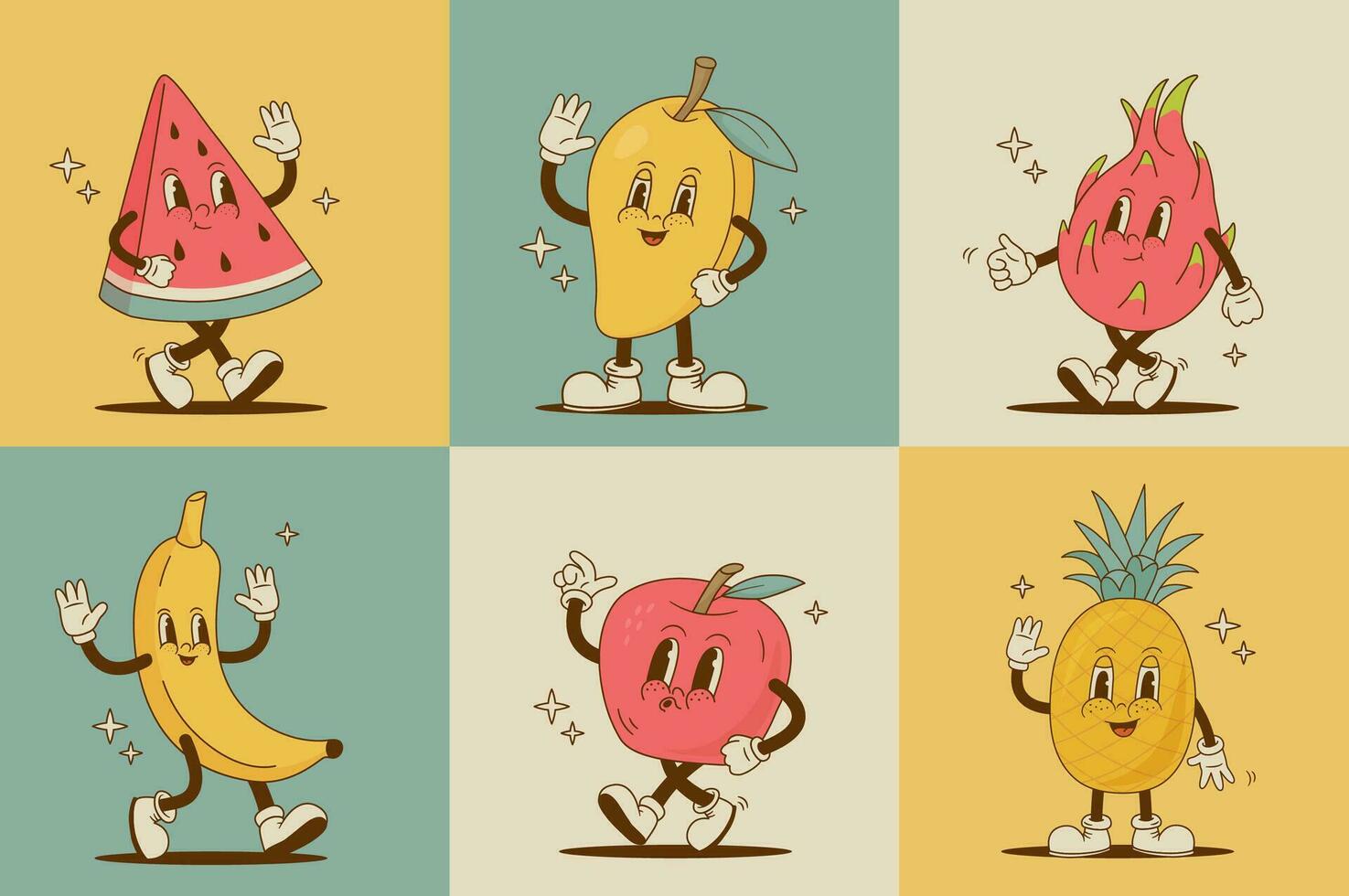 conjunto de retro dibujos animados Fruta caracteres. gracioso sandía, piña, manzana, mango, banana, pitaya mascota. Clásico vector ilustración. nostalgia años 70, Años 80