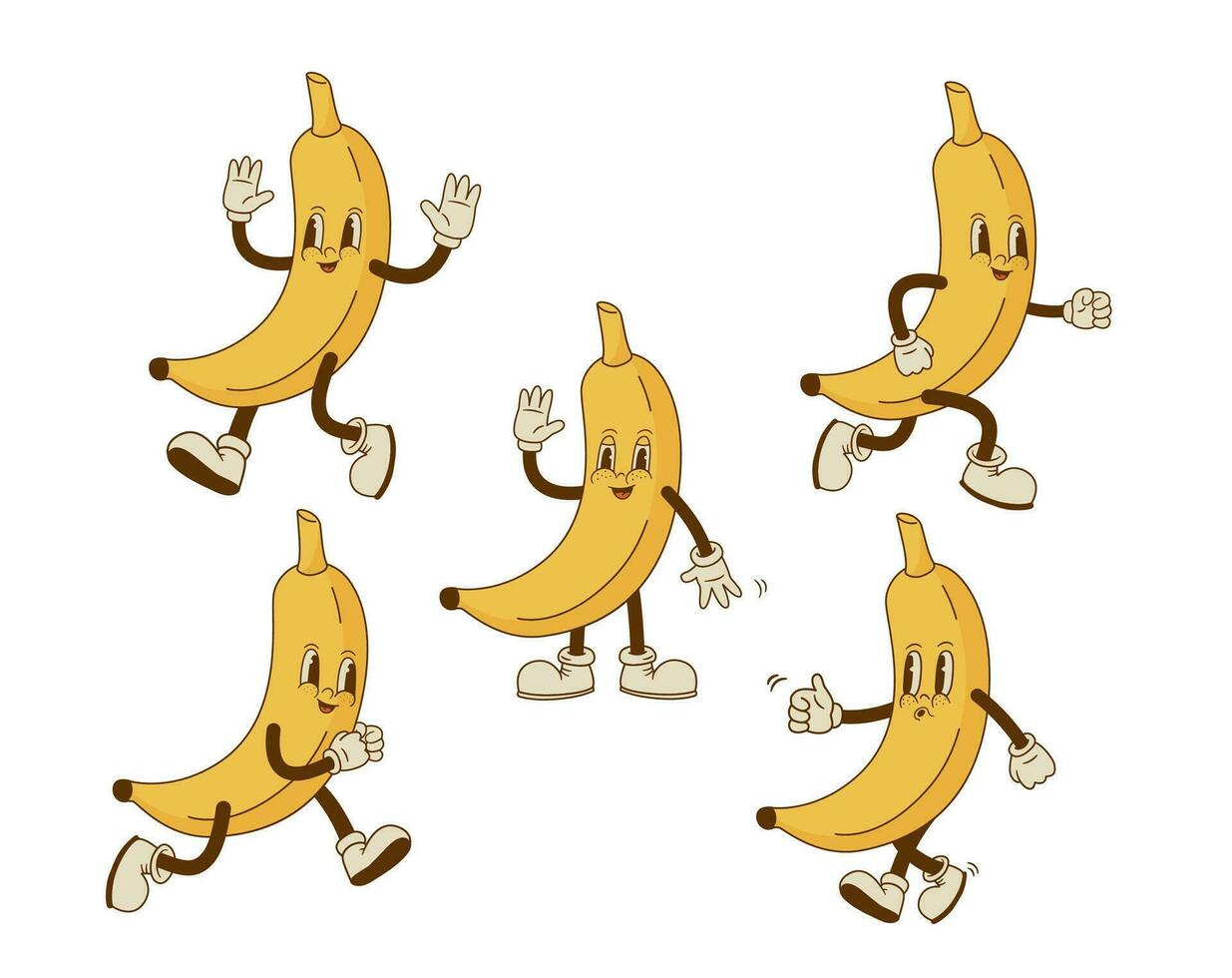 Set of funny retro cartoon banana characters in groovy style. Smiling fruit mascot in different poses and emotion. Vector illustration.