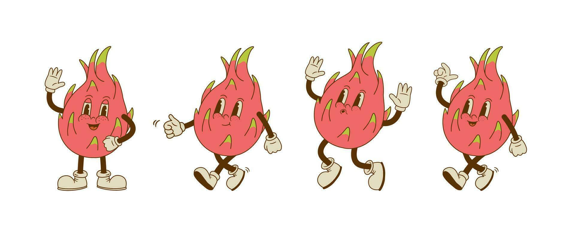 Set of retro cartoon dragon fruit characters in different poses and emotion. Smiling pitaya mascot vector illustration.