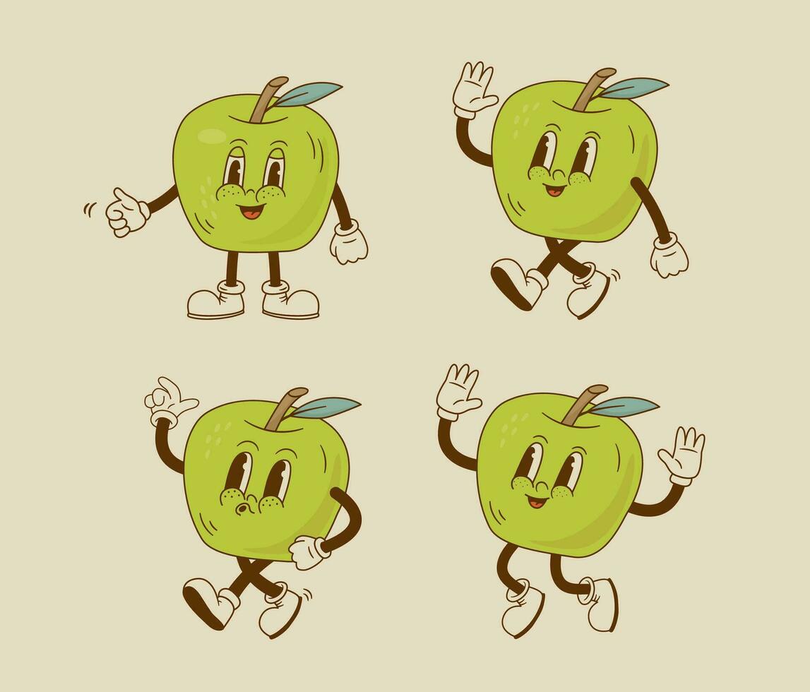Set of retro cartoon apple characters in different poses and emotion. Vintage Smiling fruit mascot vector illustration.