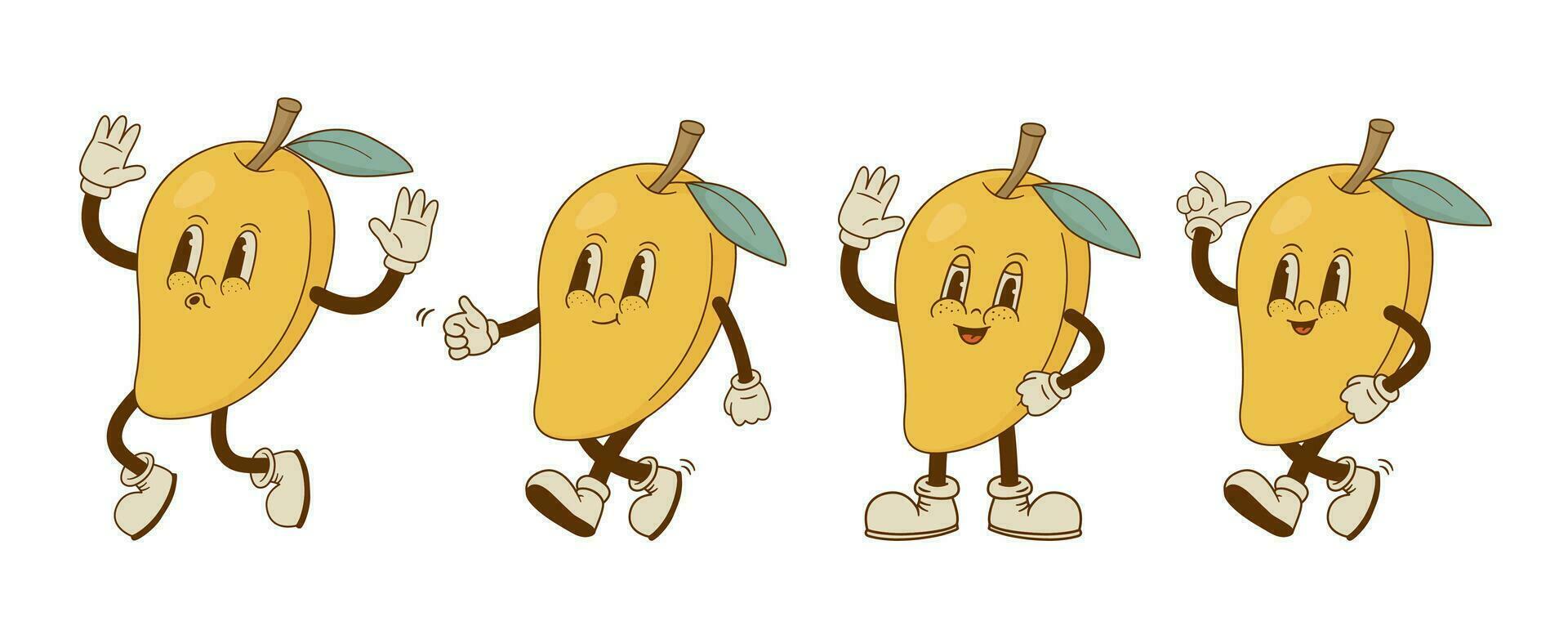 Set of funny retro cartoon mango characters in groovy style. Smiling fruit mascot in different poses and emotion. Vector illustration.
