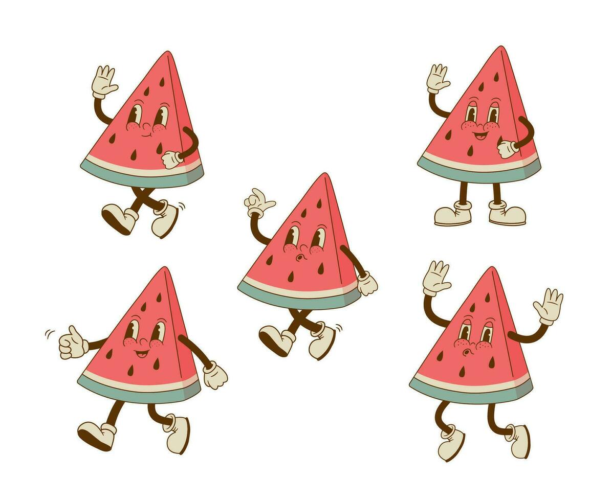 Set of retro cartoon watermelon characters in different poses and emotion. Smiling summer fruit mascot. Vector illustration.