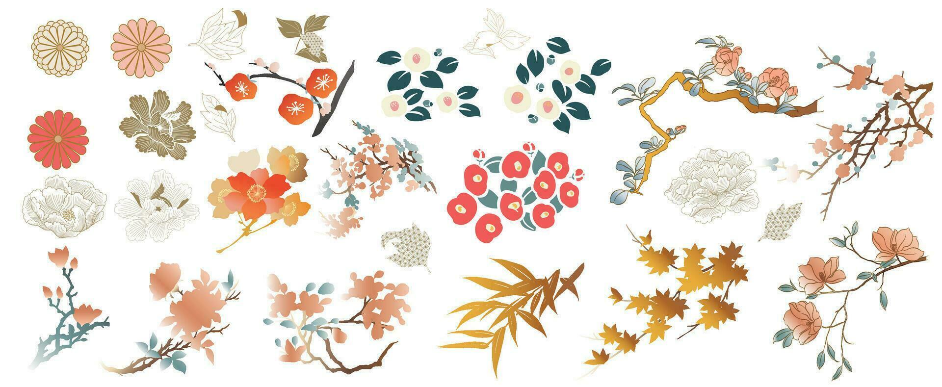 conjunto de mano dibujado rama de flor con japonés modelo vector. oriental decoración con logo diseño, volantes o presentación en Clásico estilo. vector