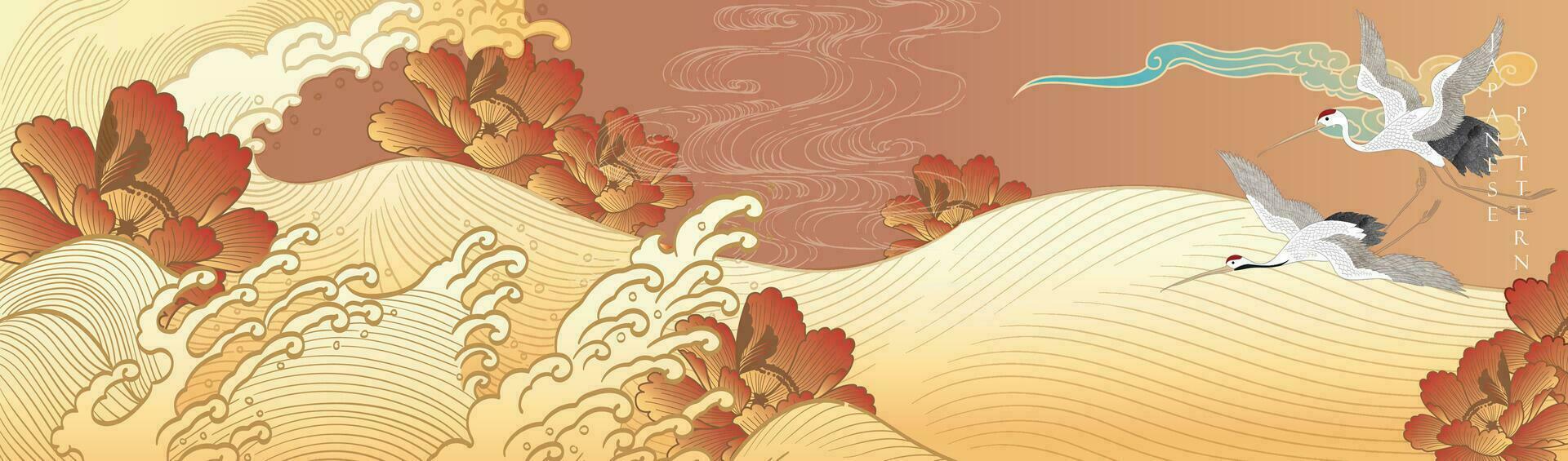 Japanese background with hand drawn ocean wave template in vintage style. Art landscape banner design with crane birds card design decoration. Peony flower pattern. vector