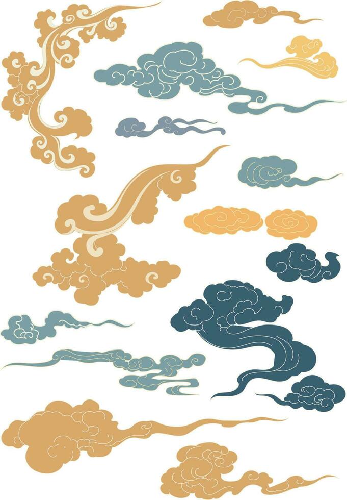 Set of hand drawn cloud with Japanese pattern vector. Oriental ...