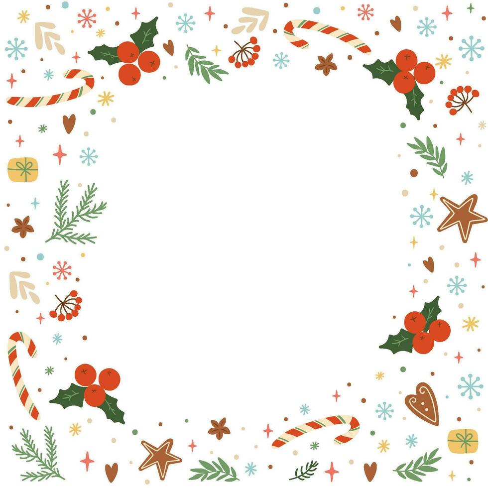 Navidad marco con caramelo caña, floral hojas, bayas, copos de nieve, estrellas, abeto ramas elementos en blanco antecedentes. vector invierno fiesta modelo. linda invierno fiesta tarjeta, bandera.